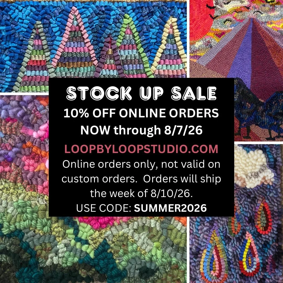 It&rsquo;s time for our August Summer Sale! Save 10% off everything online at LoopbyLoopStudio.com! Also, a reminder that our physical location will be closed through 8/18. Shipping 8/10! #rughooking #hookedrug #rugmaking #rughookersofinstagram #fibe