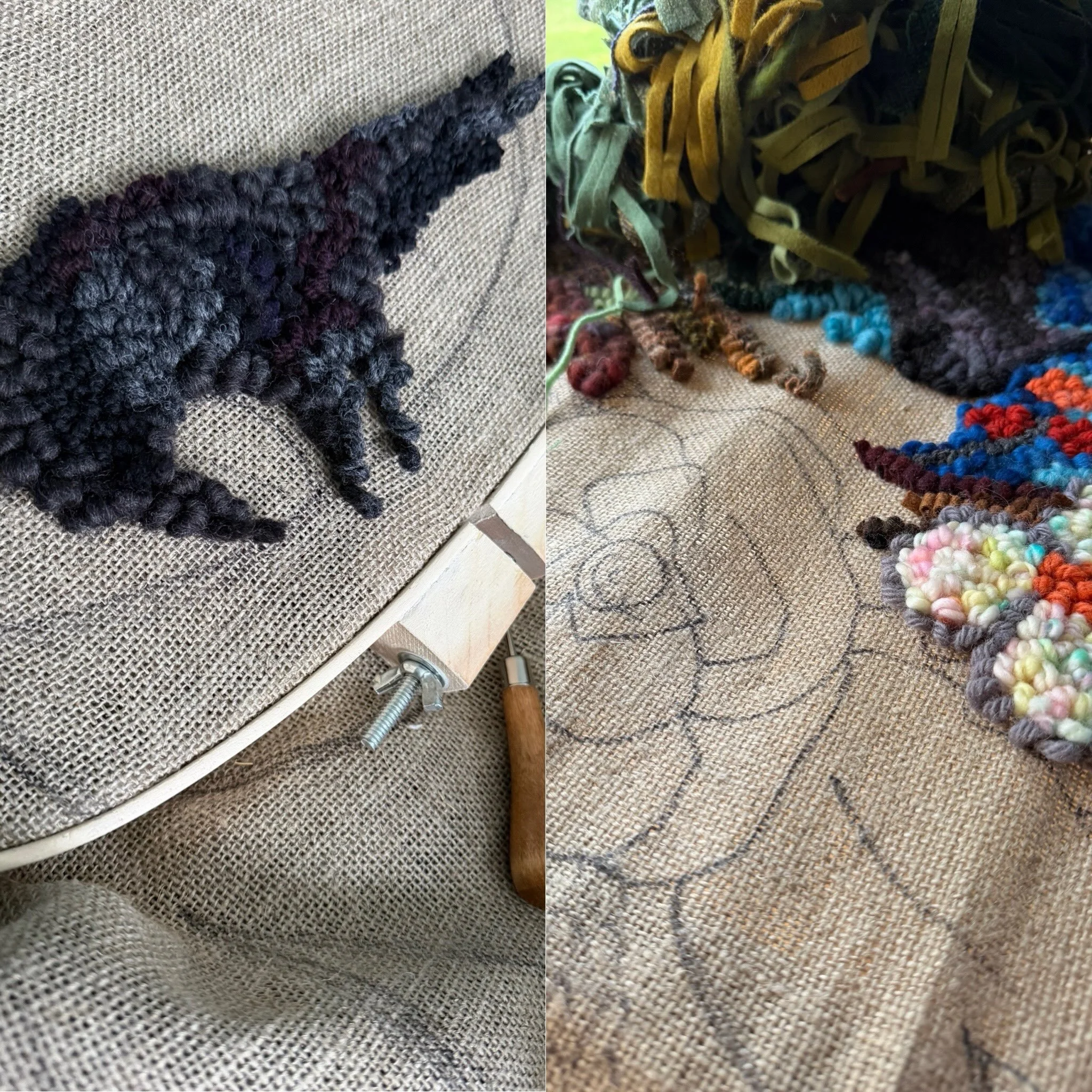 I spent the rainy weekend working on two rug hooking projects. Both have crows in very different narratives. Stay tuned to see more! #rughooking #hookedrug #rughookersofinstagram #fiberart #rugmaking