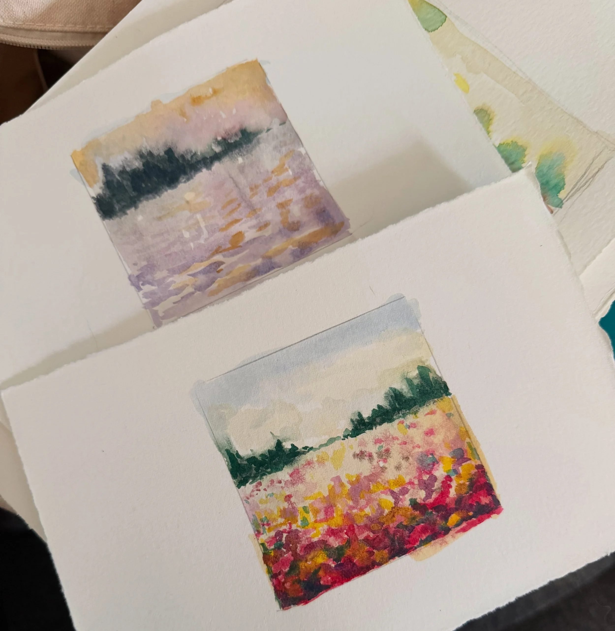 Working on some intuitive landscapes for a special donation project. You can apply the same lessons from my Expressive Landscapes rug hooking course to other mediums! #fiberartist #landscape #watercolor #painting #landscapeart