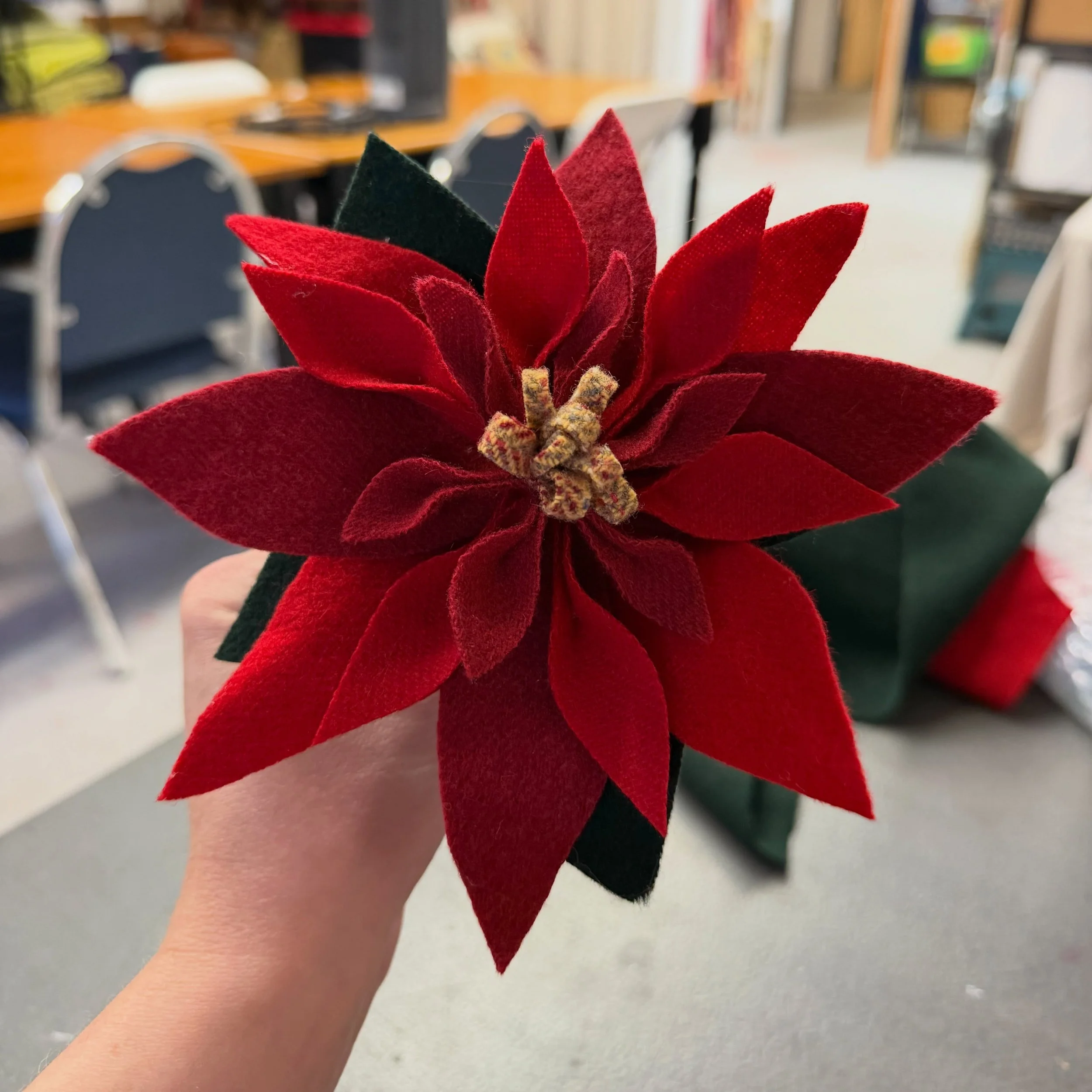 Working on a new flower kit for the holidays! What do we think? Comes with wool for flowers and leaves, a template, and instructions. Needed: scissors and glue (or glue gun). I can take pre-orders if anyone is interested. I will hopefully have them r