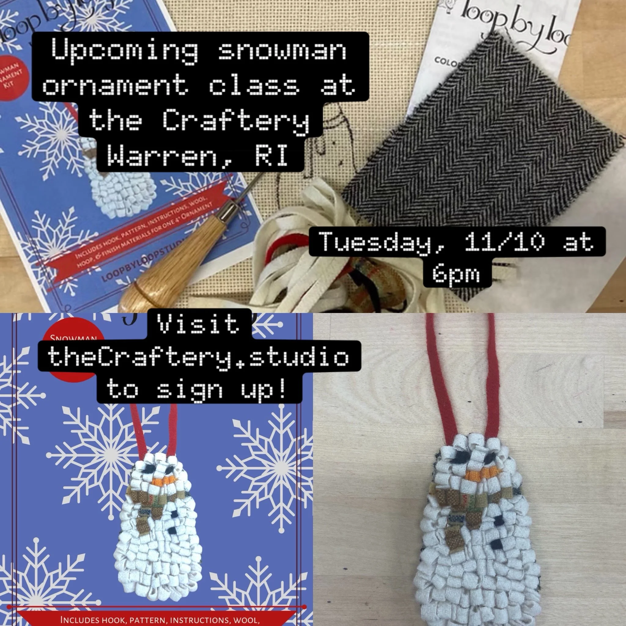 I have an upcoming Snowman Ornament class coming up at @thecrafterystudiori! Sign up today! #rughooking #warrenri #fiberart #fiberartist #textileart