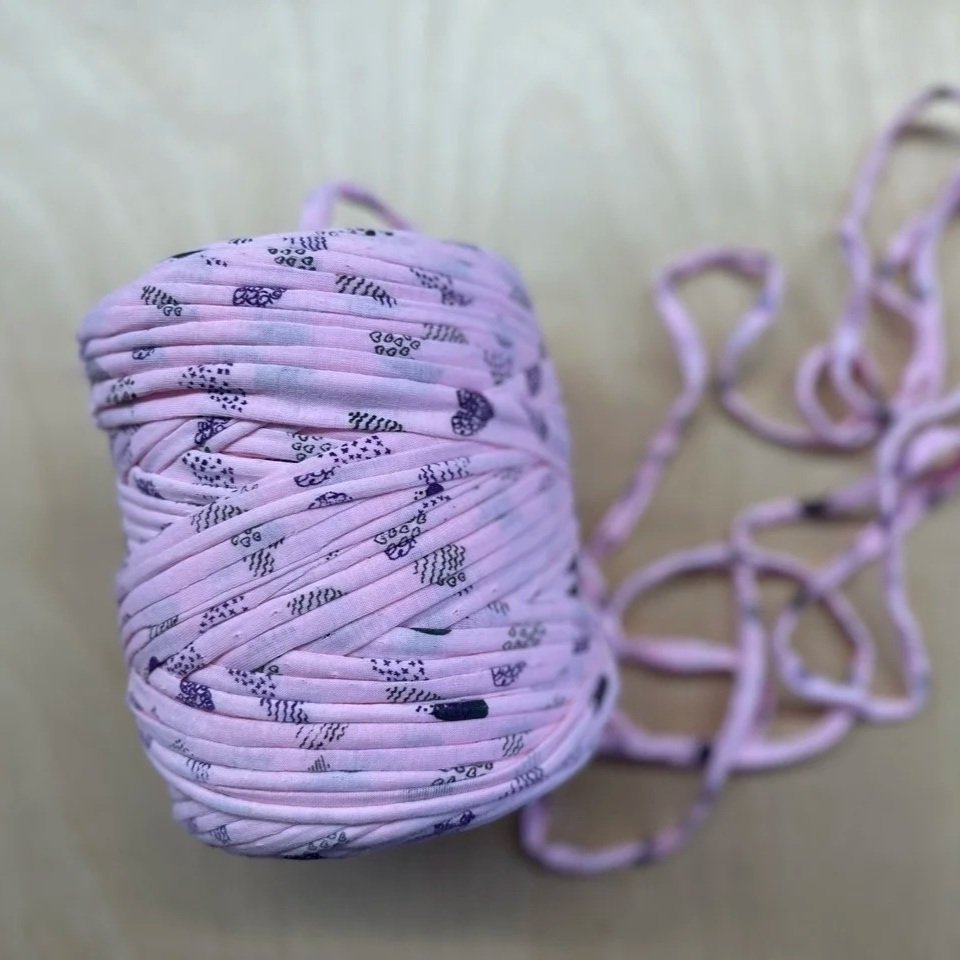 Pink with Print Light - T Shirt Yarn Super Bulky Recycled Cotton Yarn for Rug Hooking, Punch Needle, Weaving, Crochet and More!  2oz/50gm