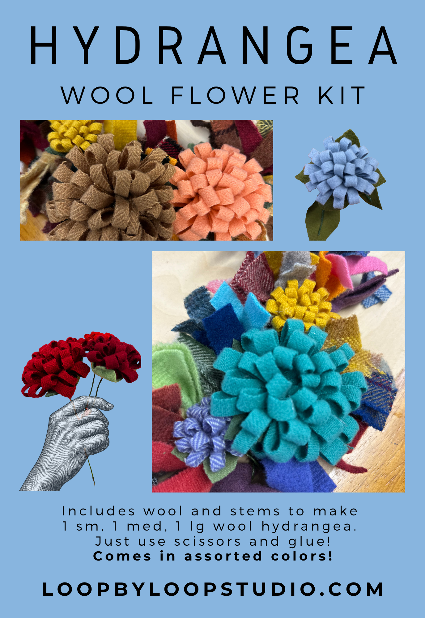 NEW KIT!  Make Three Wool Hydrangea Flowers using a Glue Gun and Scissors!  Very Easy Crafty Flowers Kit
