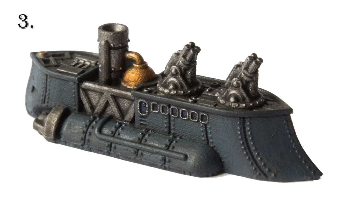 Now apply a generous wash with black ink all over the ship except the gold areas which receive a Sepia wash. I used Nuln Oil and Seraphim Sepia respectively.