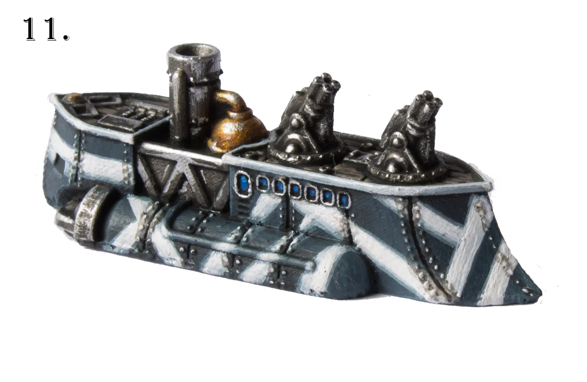 Finish the model by painting all the metal parts with Silver (Vallejo). Mix some Morrow White with the Intense Blue you used for the windows and highlight the top corner of each one...