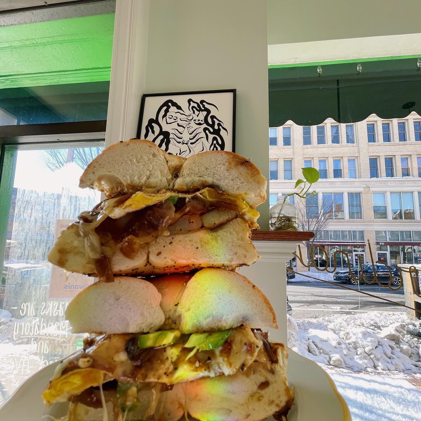 Teriyaki mushroom fontina egg n cheese with crispy home fries and fresh jalapeño on a miso buttered everything bagel 😵&bull; a supreme post super bowl belly buster that is sure to counteract those beer/meat sweats. Brought to you by our very own bu