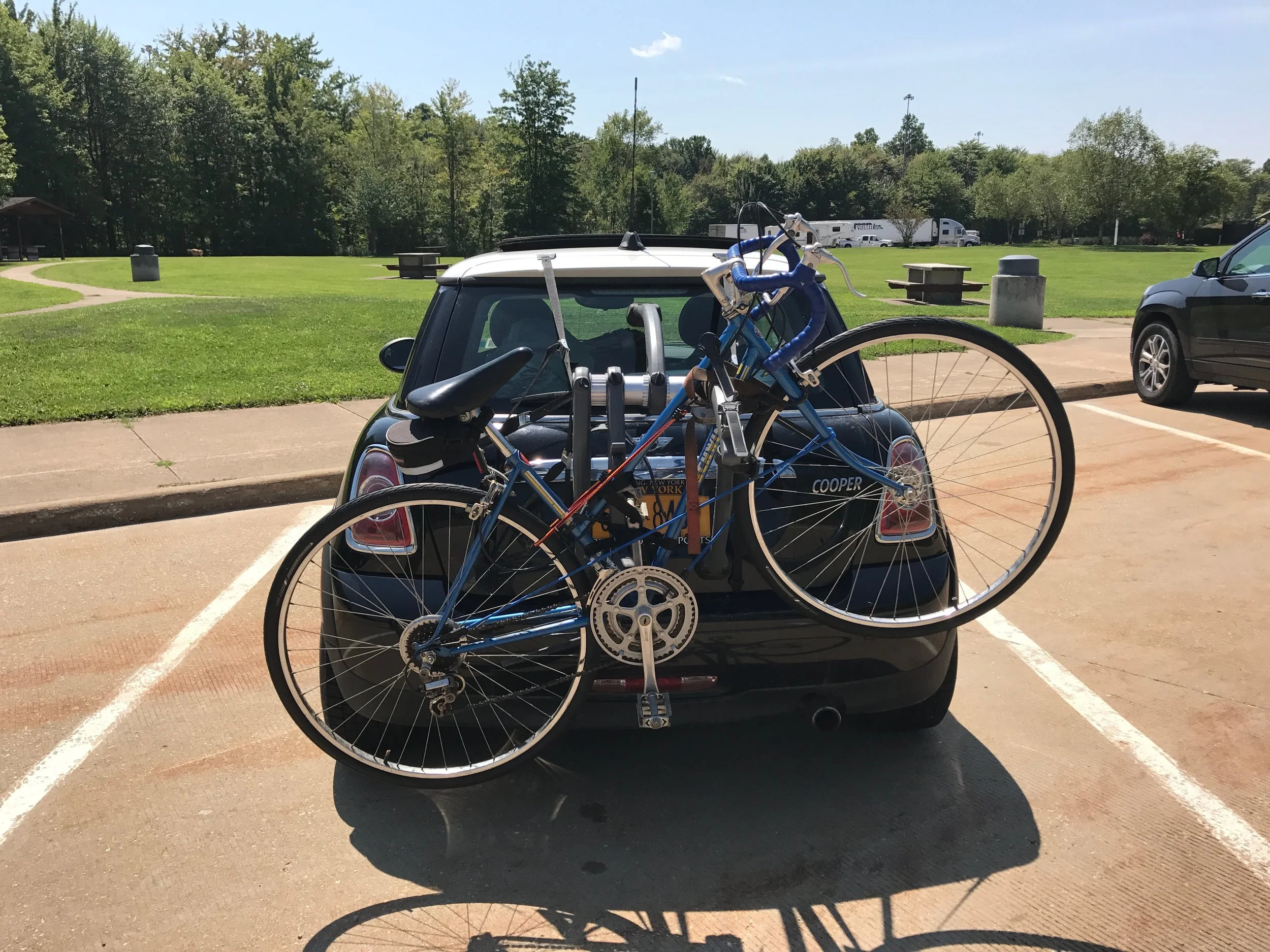Tiny car, stuffed with adventure gear. Pictured here at first stop in Ohio.