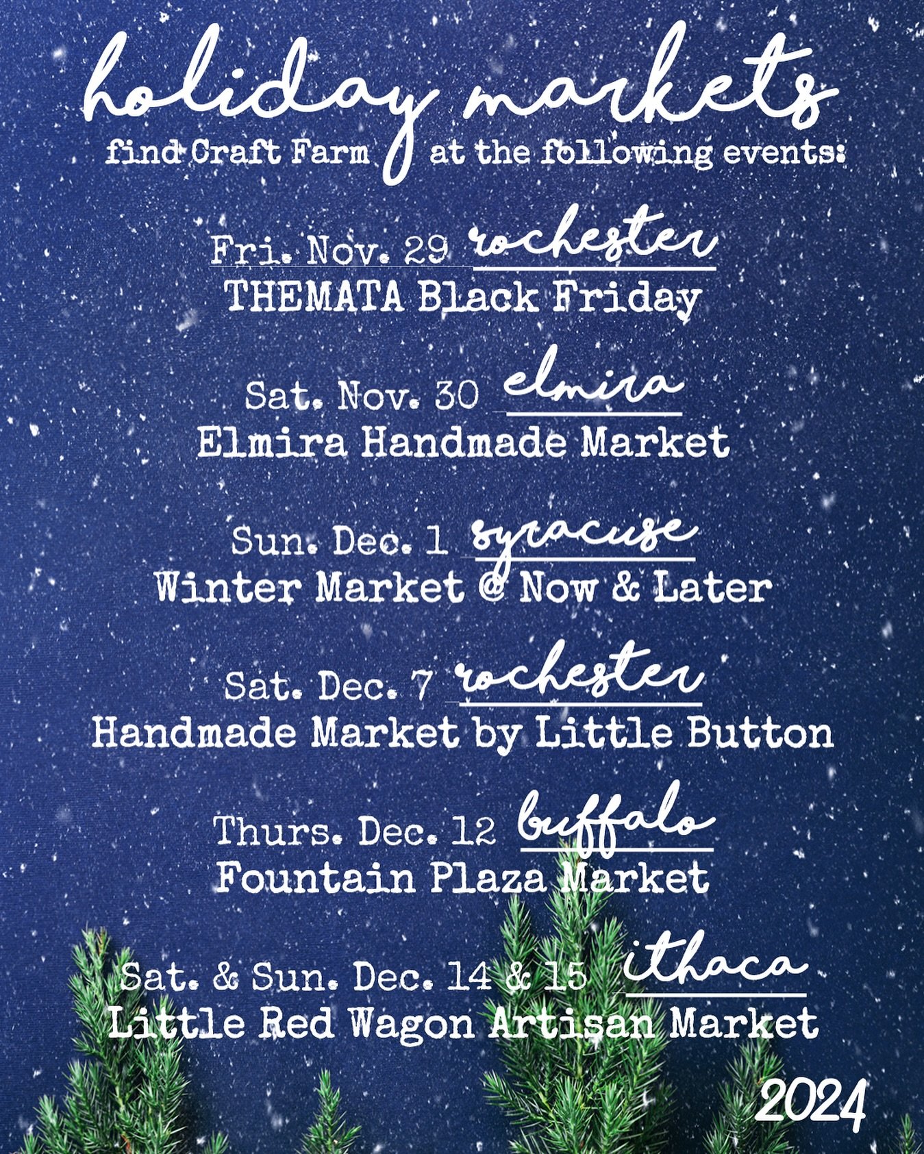 Ready or not, here we are kicking off the holiday season! 
We&rsquo;ll be popping up at some wonderful holiday markets over the next few weeks. Each of these markets will offer curated collections of handmade, unique and special gifts. 
Hope you&rsqu
