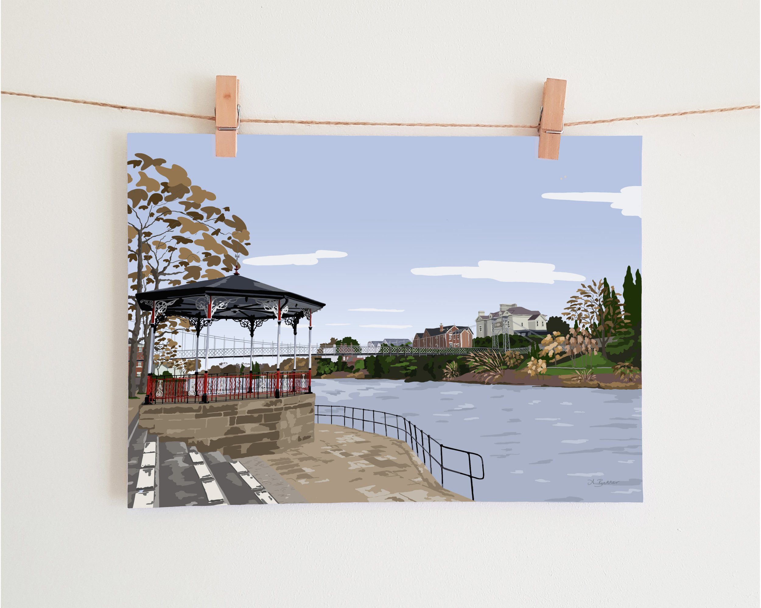 River Dee Chester Alison Butler Artist digital art print. Cheshire. Wirral. Northwest UK, Chester Bandstand, Chester suspension bridge, Chester River side.