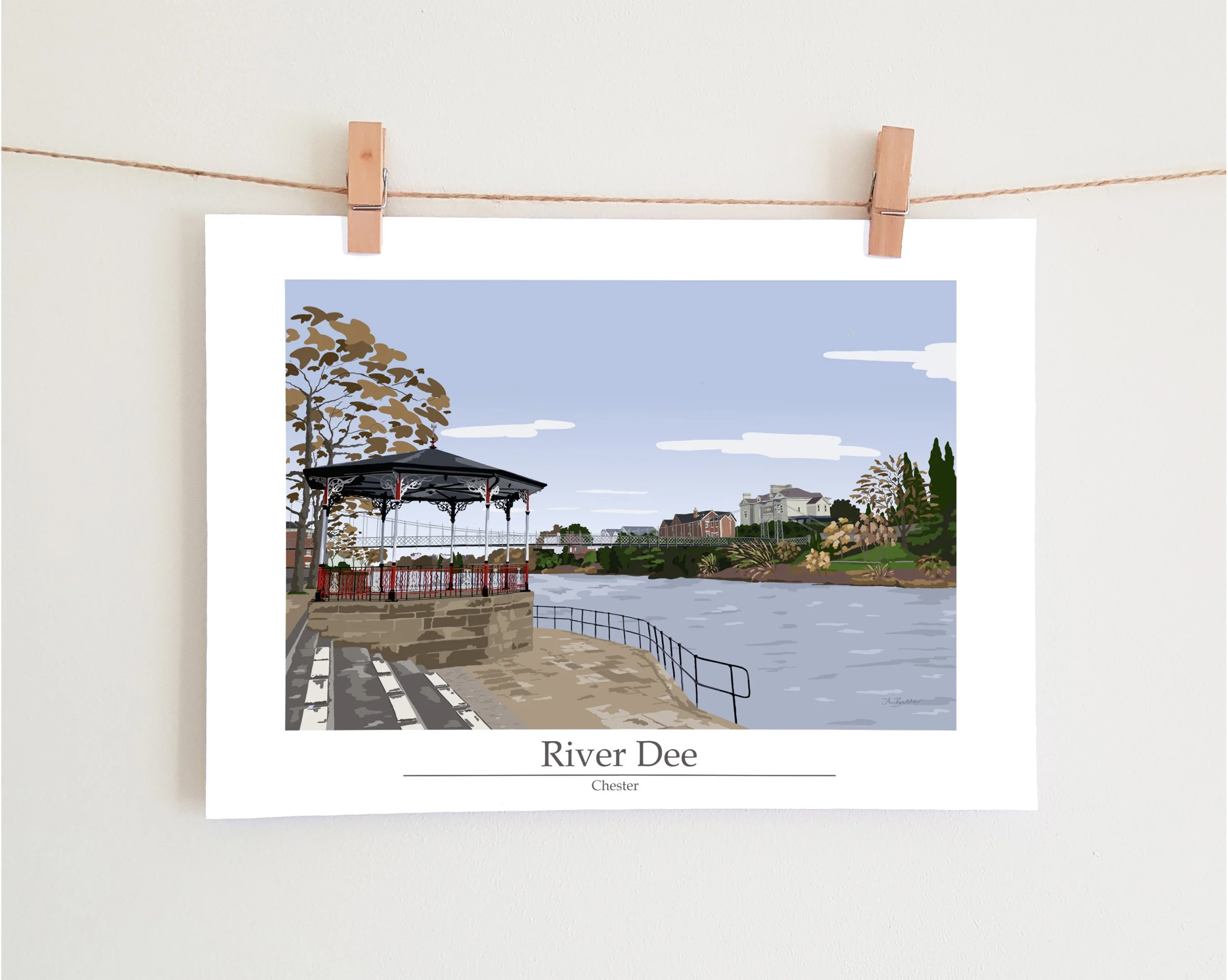 River Dee Chester Alison Butler Artist digital art print. Cheshire. Wirral. Northwest UK, Chester Bandstand, Chester suspension bridge, Chester River side.