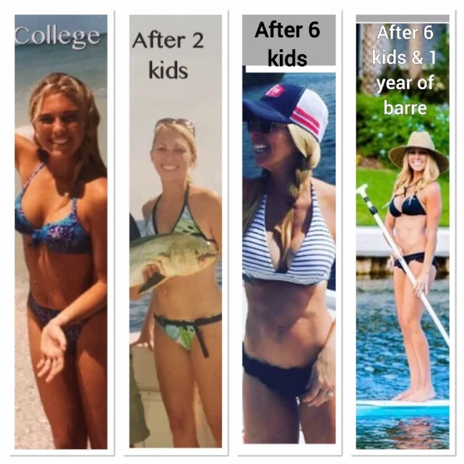 In college, running, cardio (and bagels) only. After two kids, zumba only. After 6 kids, barre only. Last picture, after 6 kids, barre, resistance training and scheduling workouts like appointments.