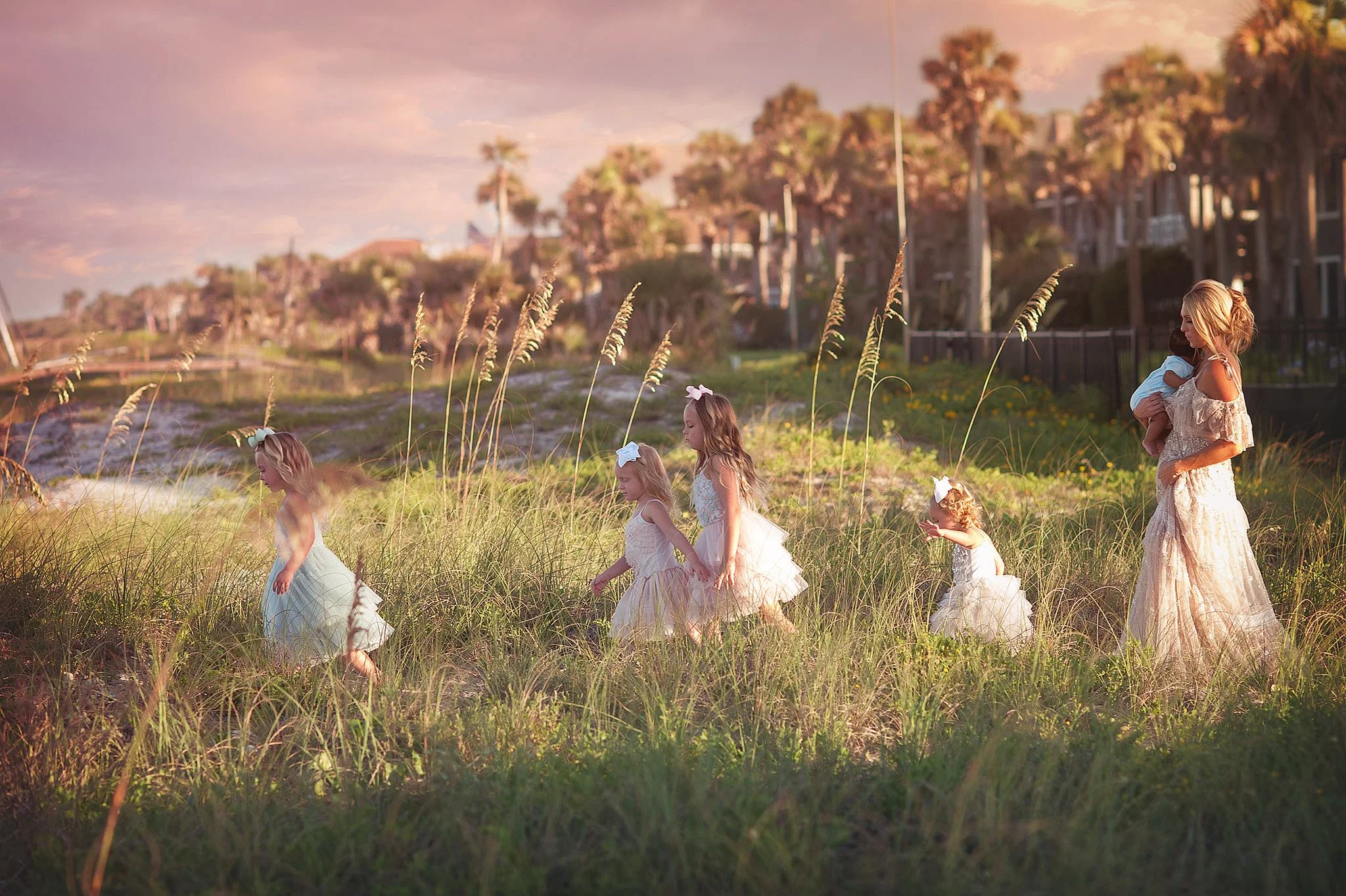 Tutu Dumonde dresses in complimentary aqua, light pink, blush and gray.