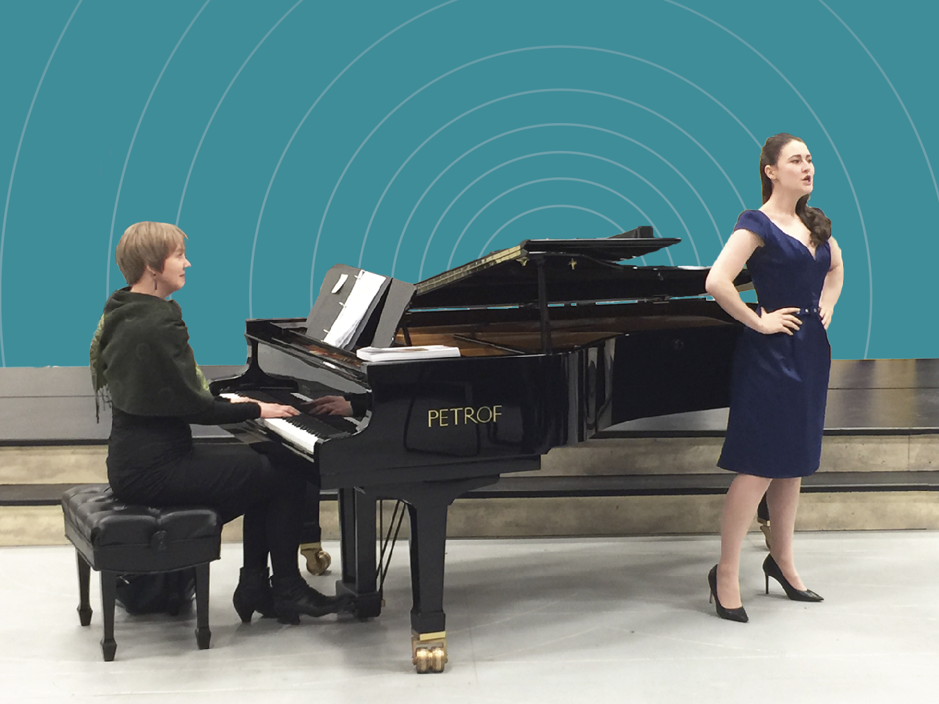 Pianist Leanne Regehr and soprano Caitlin Wood with Edmonton Opera's new Petrof grand piano.