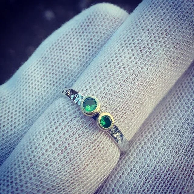 Exploring this new style. Tsavorite garnet set in textured gold on a textured silver band, size 7.5. Available 
Happy Valentine&rsquo;s Day to you and yours ❤️