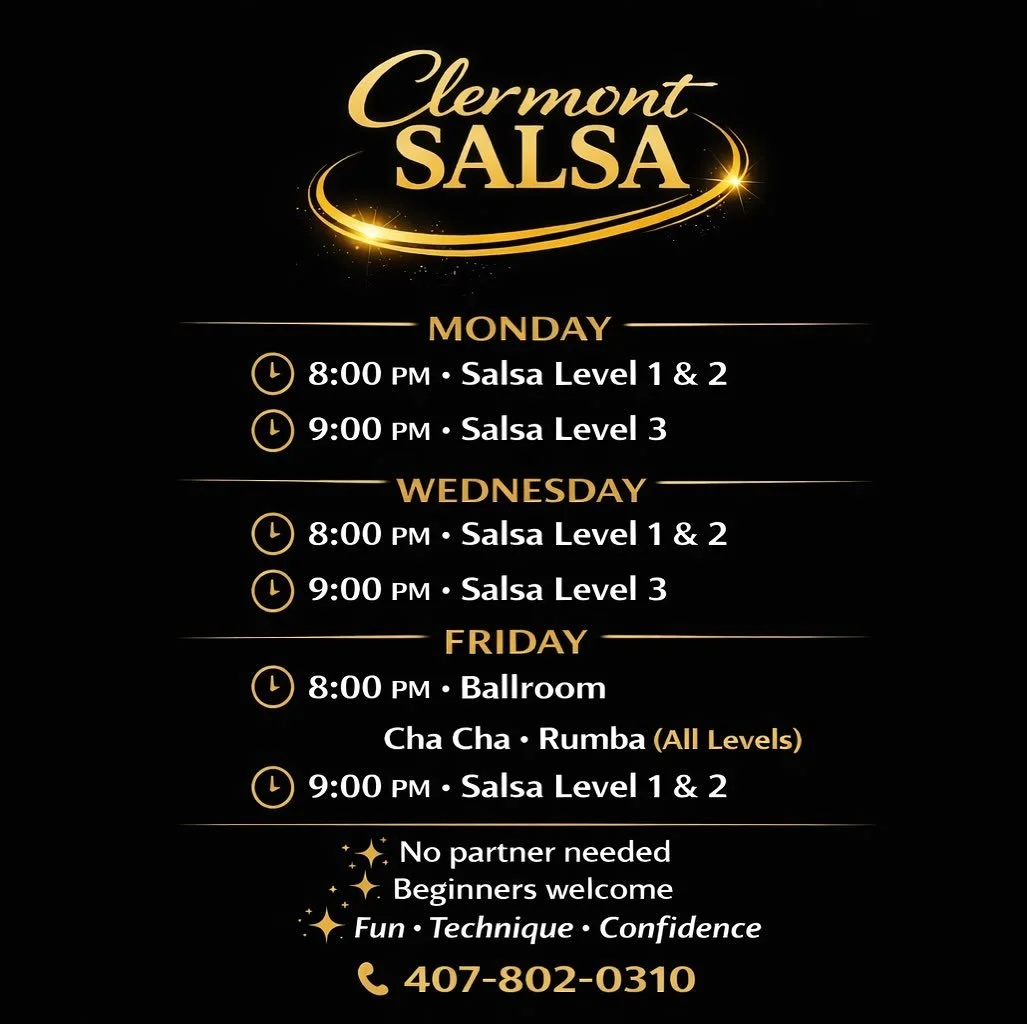 🔥 READY TO DANCE, CLERMONT? 🔥

Always wanted to learn salsa but didn&rsquo;t know where to start?

This is your sign 👇
✨ NEW STUDENT TRIAL
💃 1 WEEK of Salsa Classes
💰 ONLY $30
⏳ LIMITED TIME &ndash; START TODAY

No partner. No experience. Just s