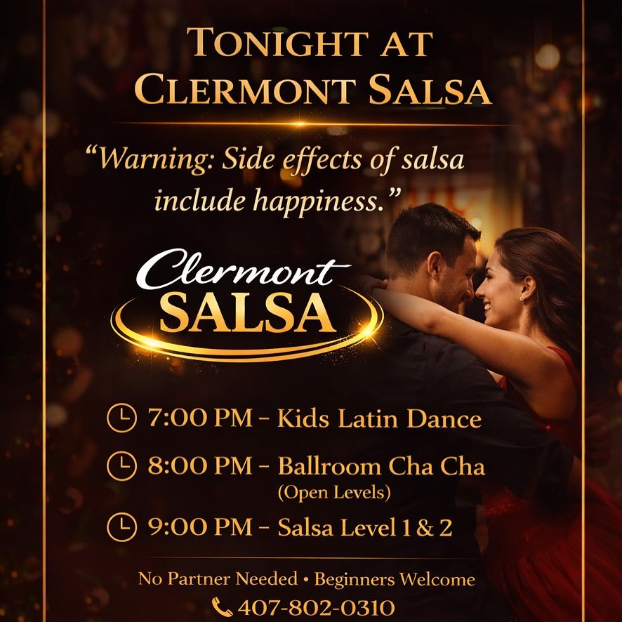 ✨ Tonight at Clermont Salsa! ✨
Warning: Side effects of salsa include happiness. 💃🕺
Let&rsquo;s start the weekend the right way&hellip; on the dance floor.
Tag someone who needs to come with you! 
Bring the kids, bring a friend, or come solo &mdash