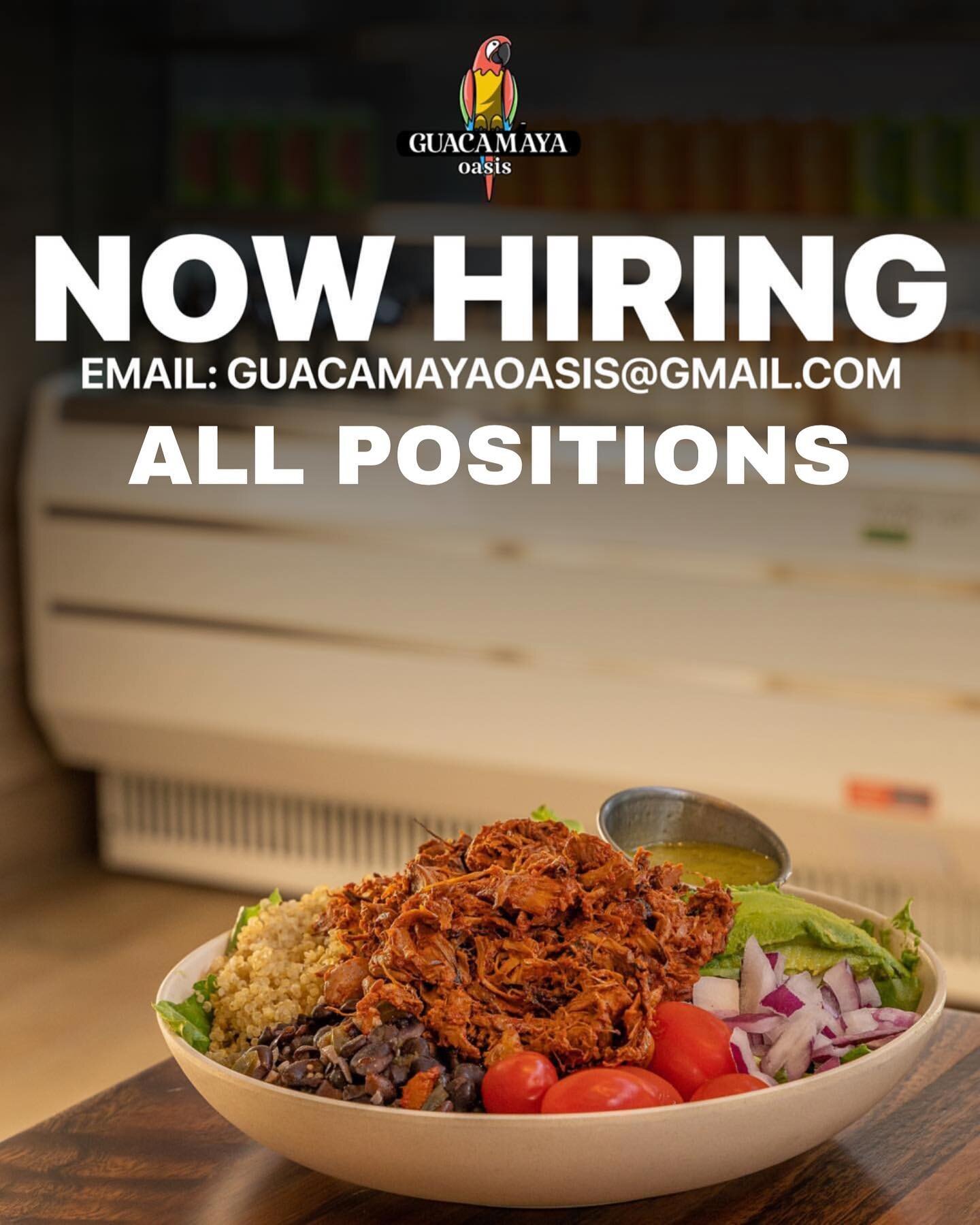 Join our team!

If interested, please send us an email with your resume at guacamayaoasis@gmail.com 

Prior restaurant experience is required, thank you! 🌱
