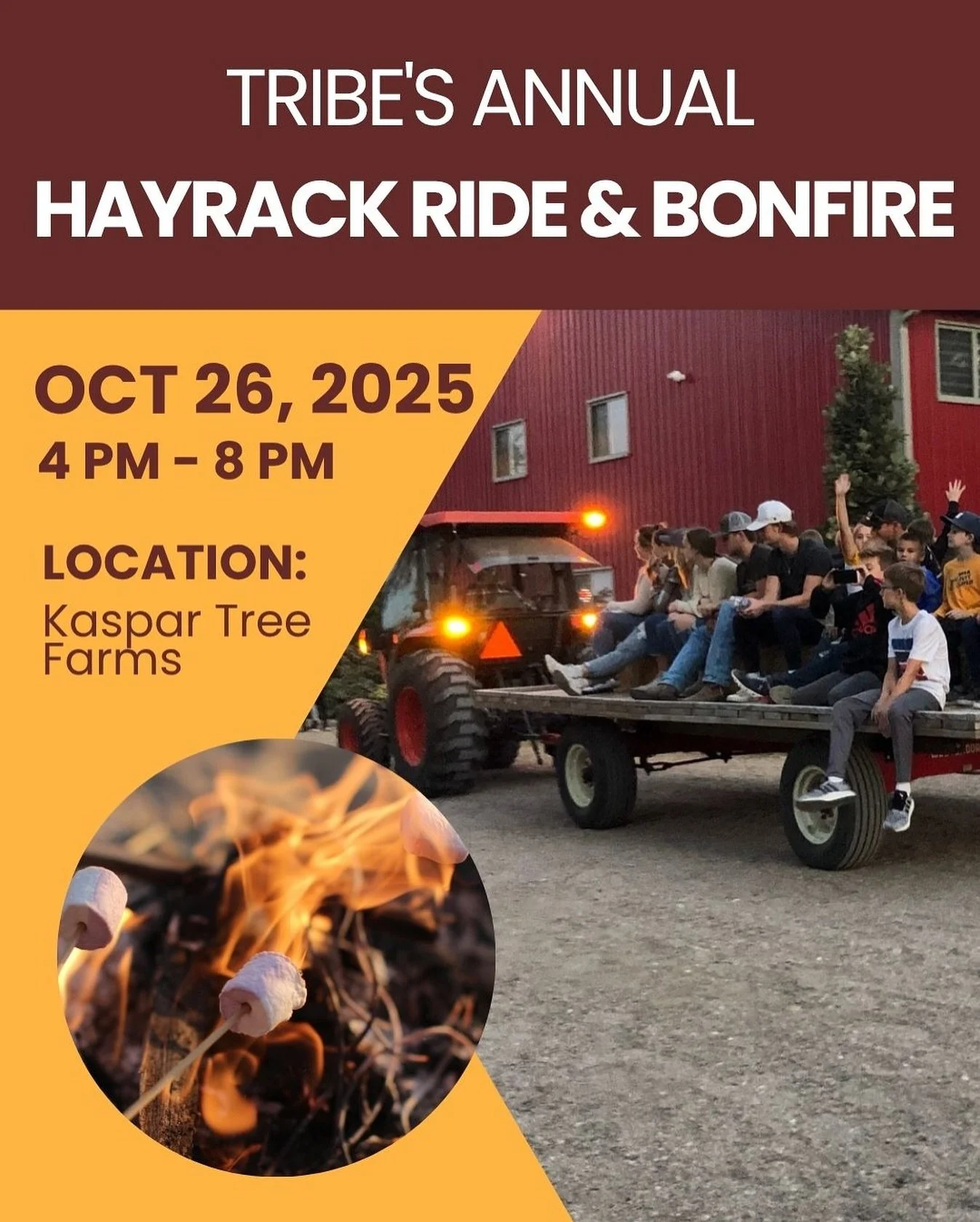 🔥 Last Chance to Sign Up! 🔥 Our Annual Hayrack Ride &amp; Bonfire Night is TOMORROW (Sunday, Oct 26 | 4&ndash;8PM) at Kaspar Tree Farms!

Bring the whole family for wagon rides, dinner, and a cozy night around the fire with your Tribe. ❤️

🎟 $5 pe