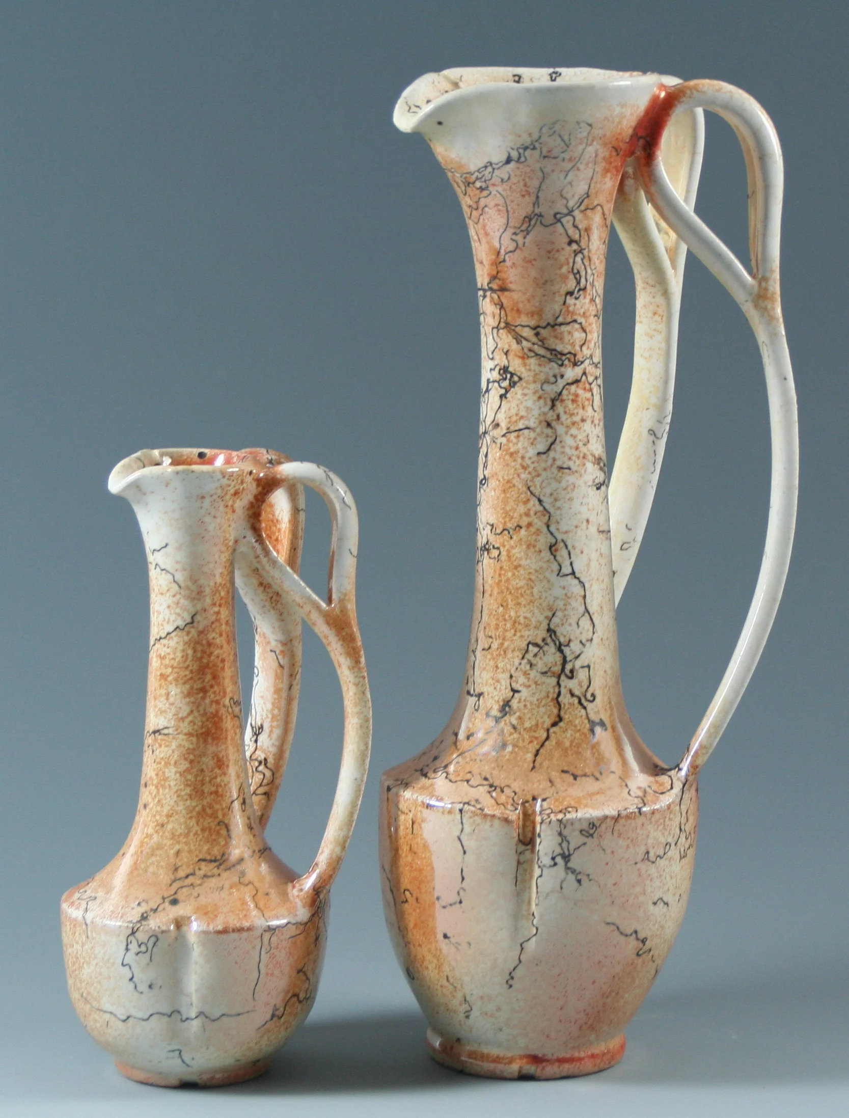 2 Handle Fumed RAKU Horsehair Glazed Pitcher Set