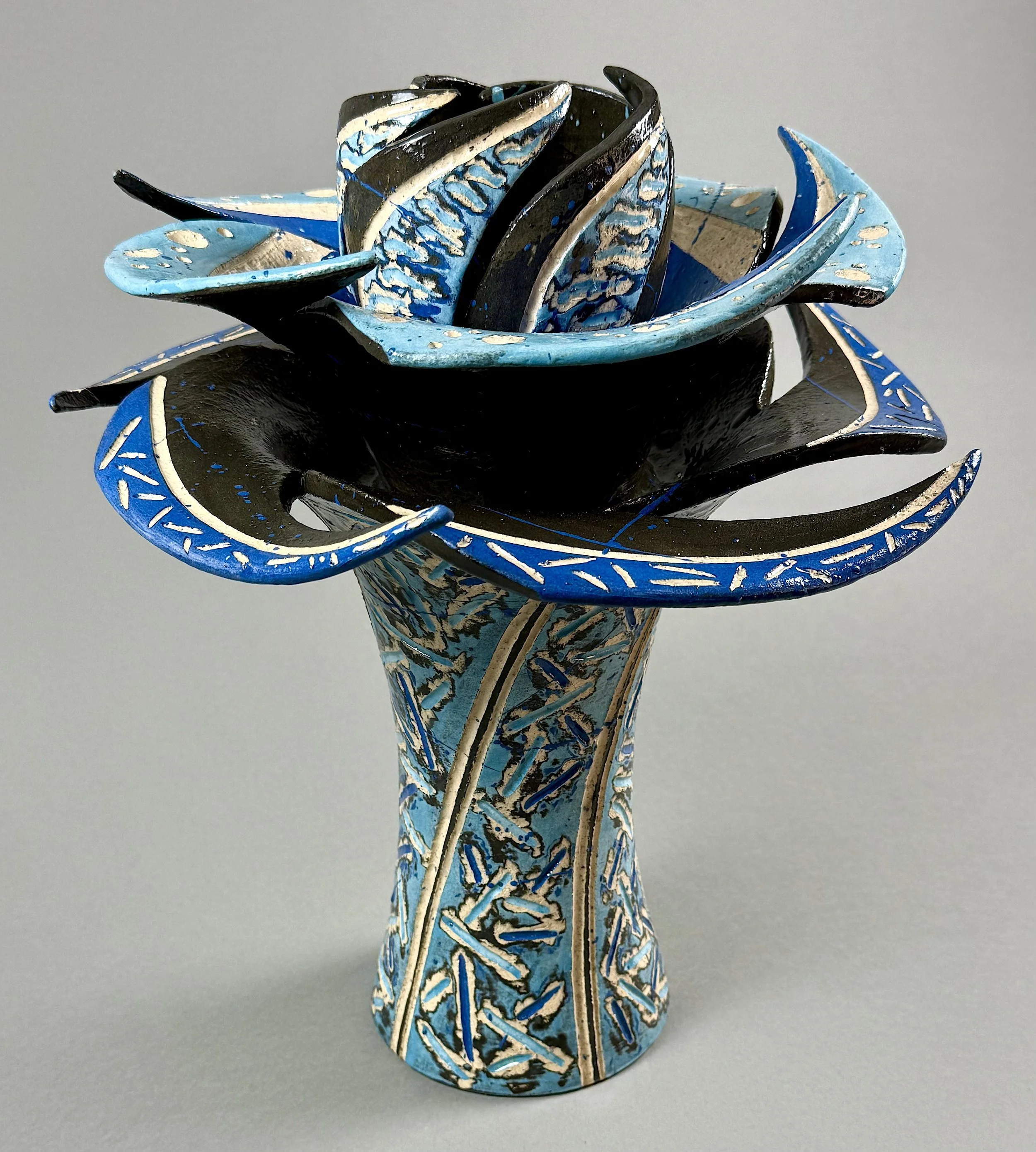 "Dancing Swirling" Vase/ engraved colored slipware