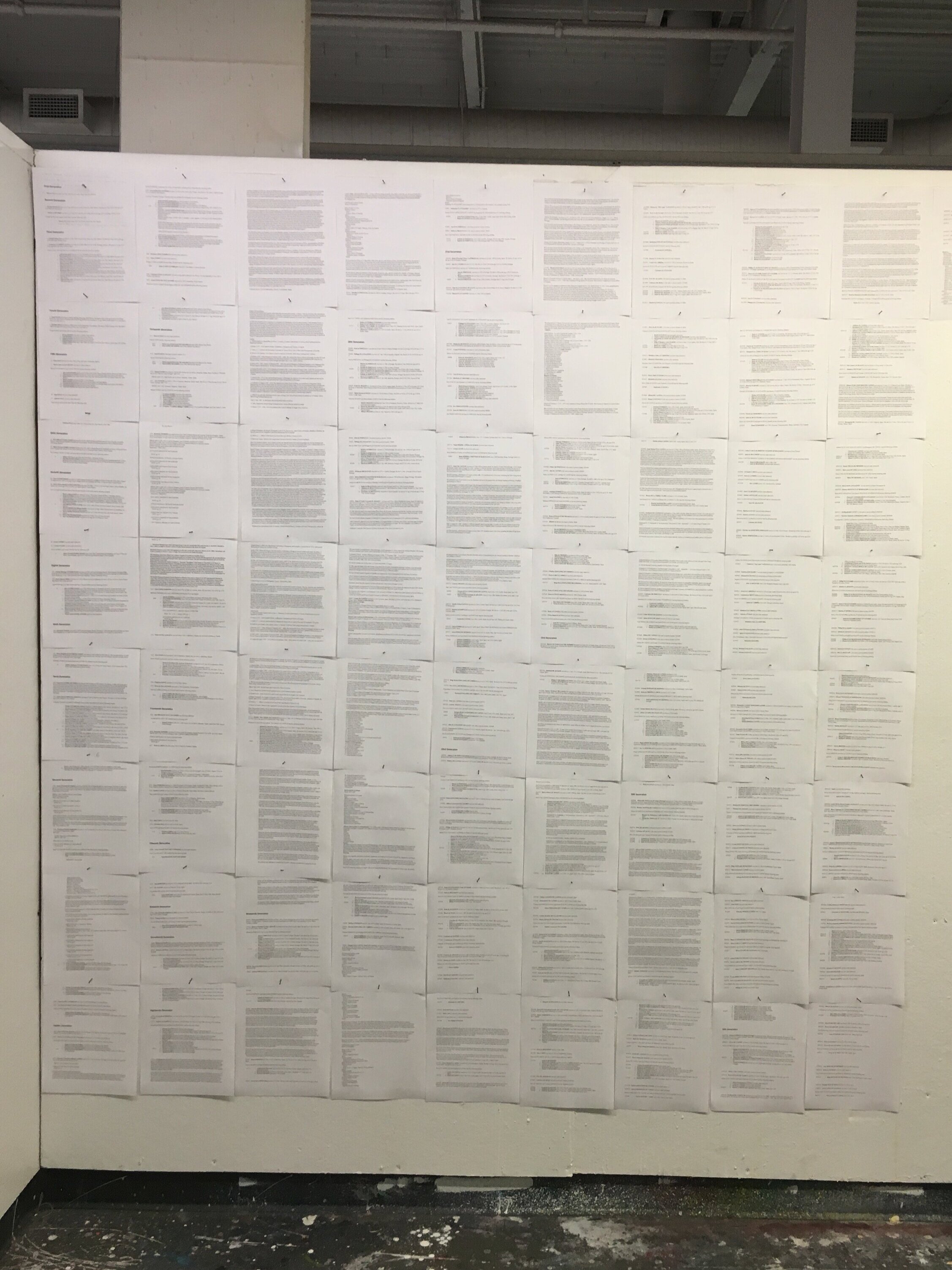 My genealogical record spanning 25 generations, printed out and nailed to the wall
