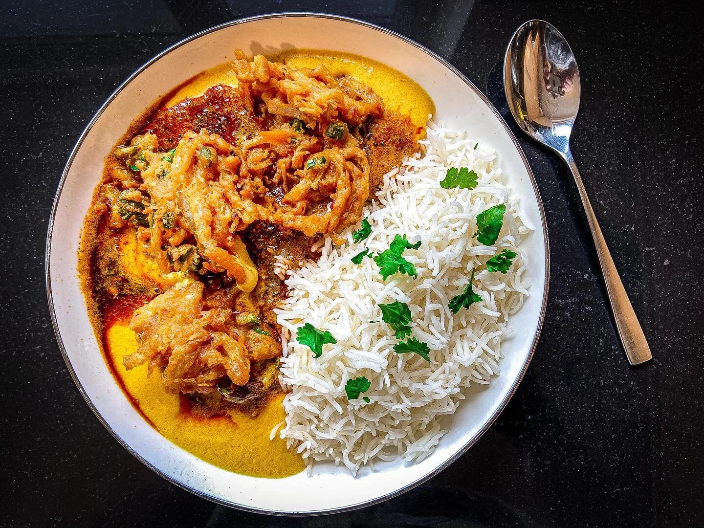 Been researching breakfast items recently and came across a curry made with fresh curd, topped with a tarka and crispy pakora. It&rsquo;s very unusual. Who&rsquo;d try it? #fairleysuk #geetsaucy #culinaryacademy #indianfood #homemade #breakfast