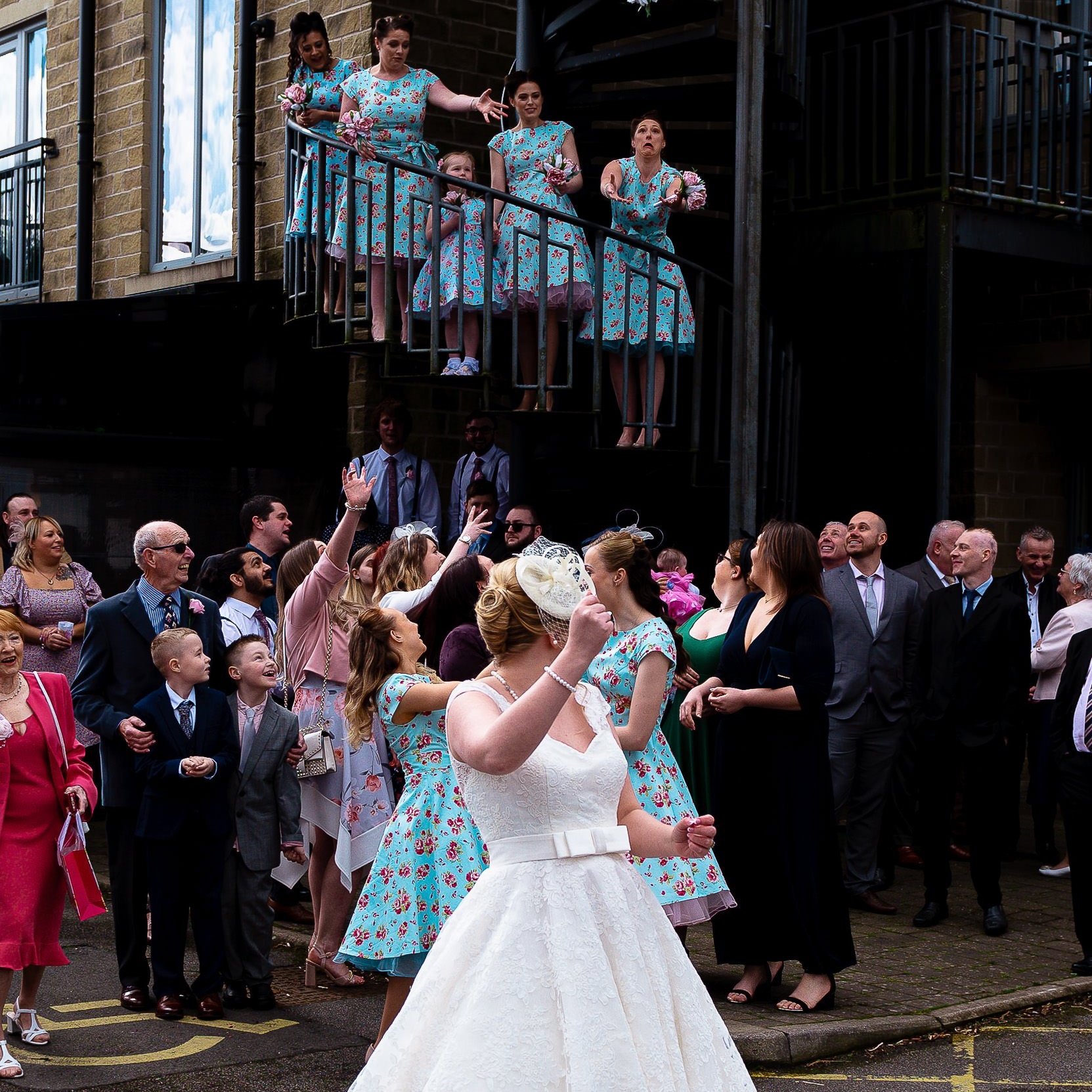 Yorkshire wedding photographer Bridesmaids on the Stairs