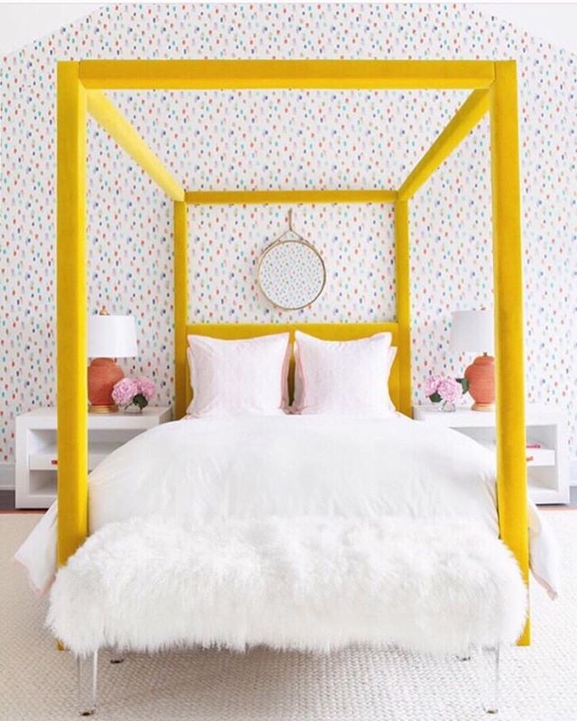 “I use nature to inspire my work” - I can finally claim this! 😂 (swipe right to see my inspo piece). I have always loved bright, loud colors and sure you can find them in flowers and such but it’s not every day that you meet an adorable bumblegum pink and yellow moth! 💕💛 Check out my insta story that I currently have up for more details on the cutest damn nature-y thing you’ll ever see. Also this bedroom is giving me LIFE and now I need a fully upholstered velvet canopy bed. Love love love.