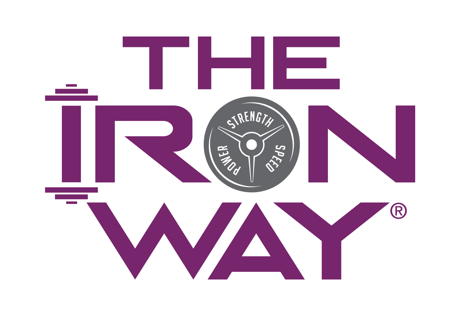 Logo of The Iron Way with purple and gray colors, featuring a pressure gauge with words Power, Strength, Speed, and
