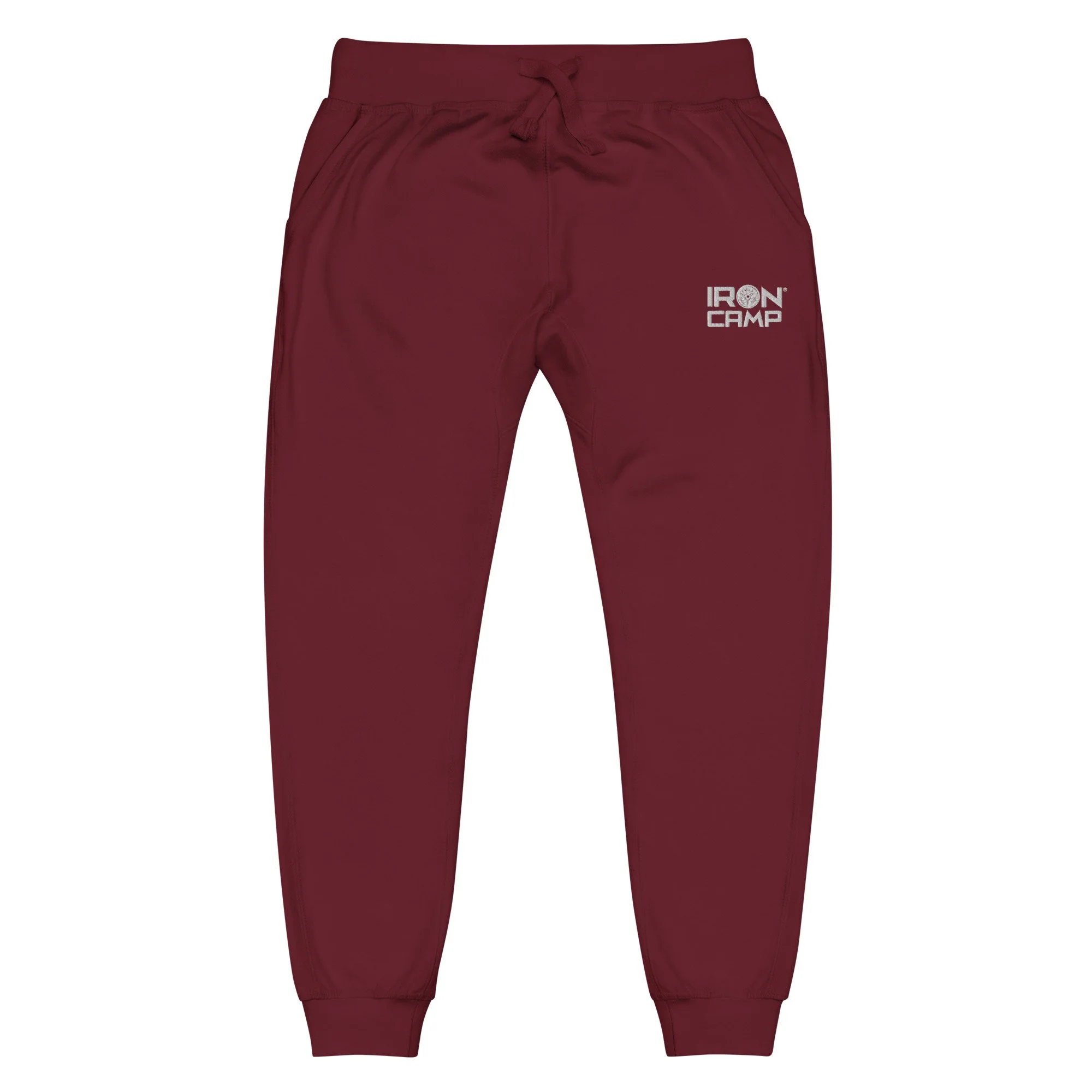 unisex-fleece-sweatpants-maroon-front-65c17750ae460.jpg