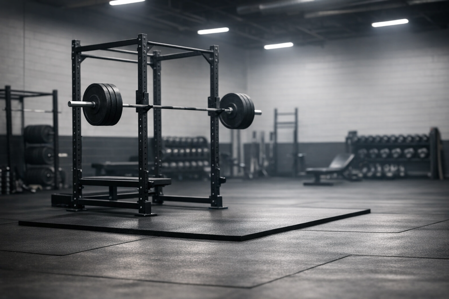 Barbell and power rack in a clean gym setting