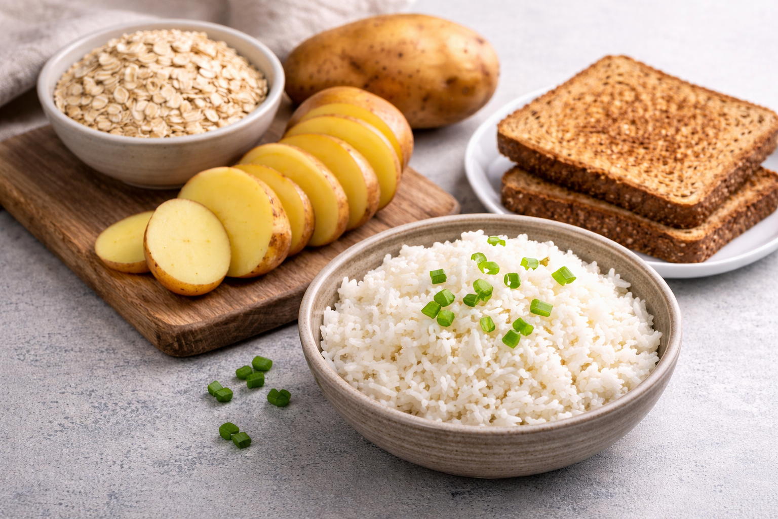 Carb-rich foods including rice, potatoes, oats, and whole grain toast