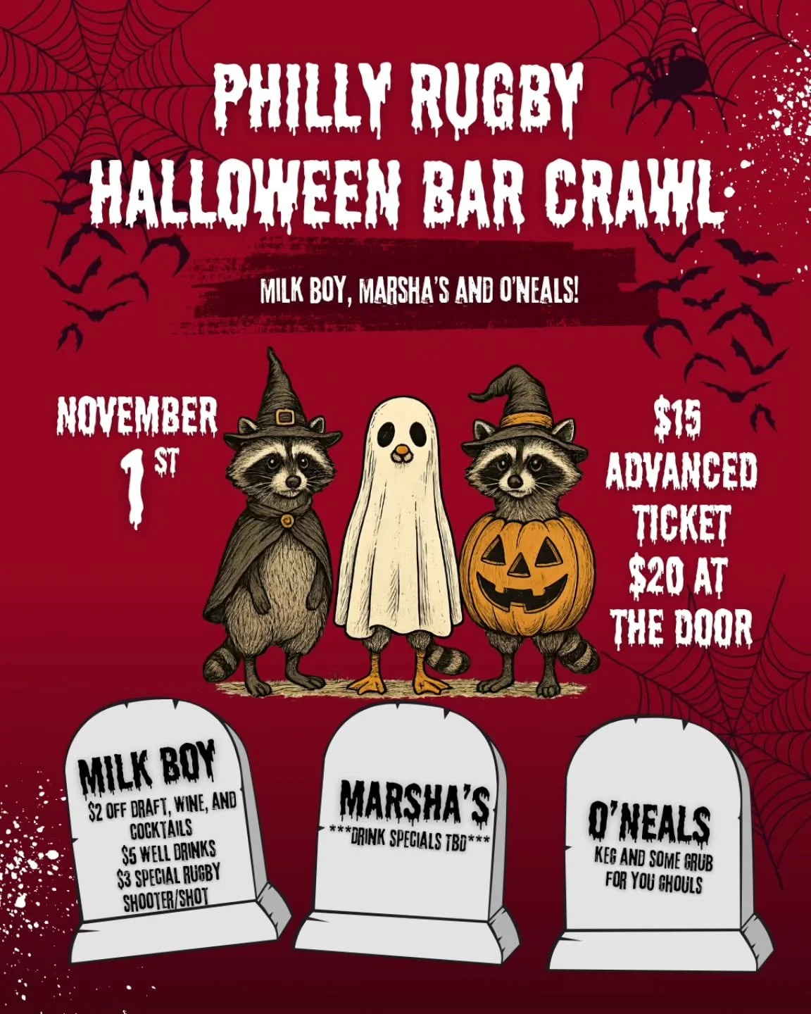It&rsquo;s spooky season 👻

Our annual Halloween bar crawl will be Saturday 11/1. The route is as follows:
- Milk Boy on South (6pm-7:30pm): $2 off draft, wine and cocktails. $5 well drinks, and a special rugby 🏉shooter/shot for $3!&nbsp;
- Marsha'