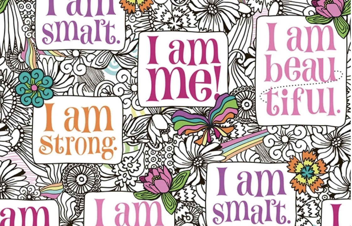 Close up of I am me organic cotton sateen fabric strong beautiful smart