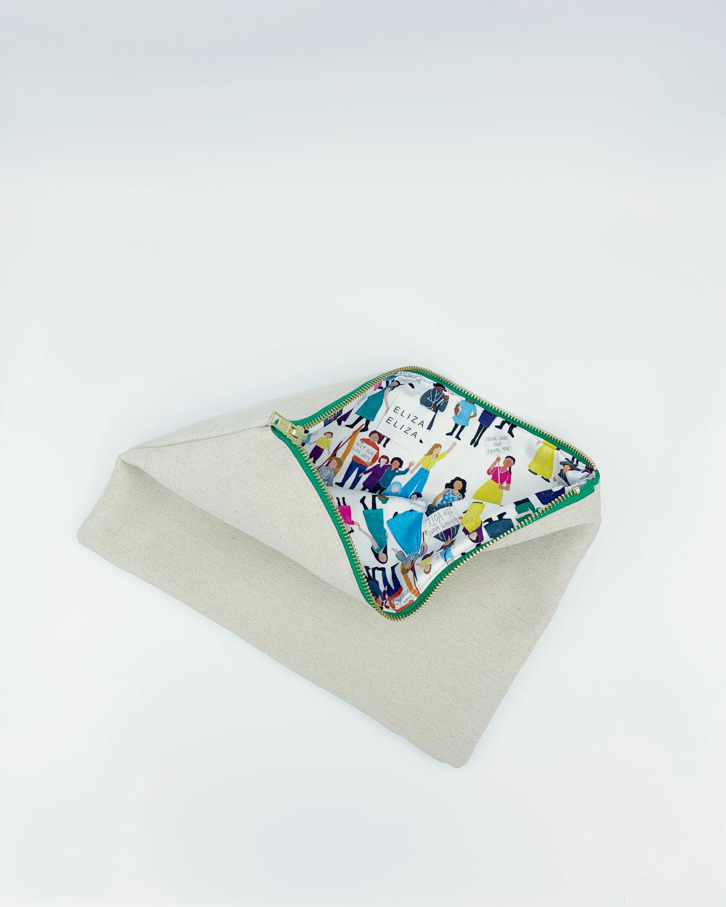 Open equality collection Eliza Eliza large hemp organic cotton clutch bag gender equity awareness