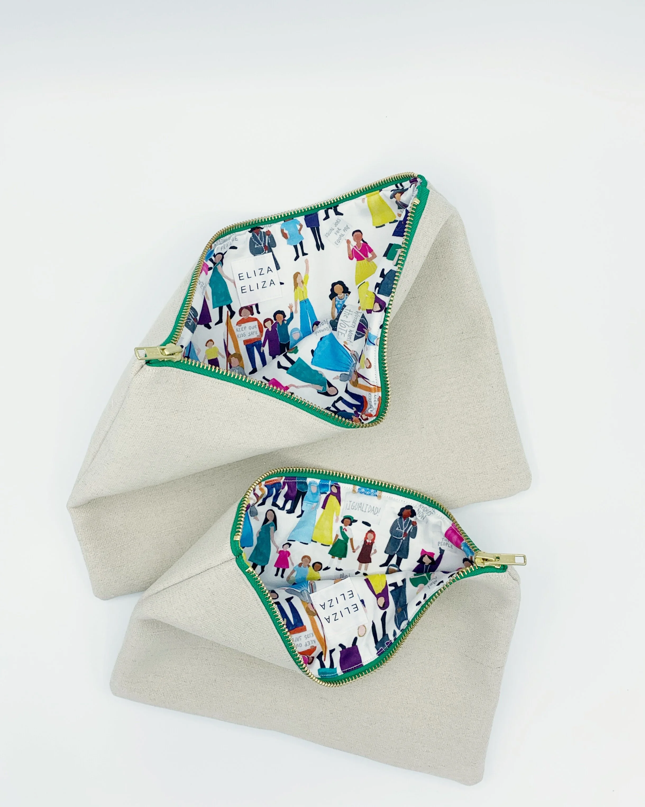 Equality hemp organic cotton clutch bags open to see lining