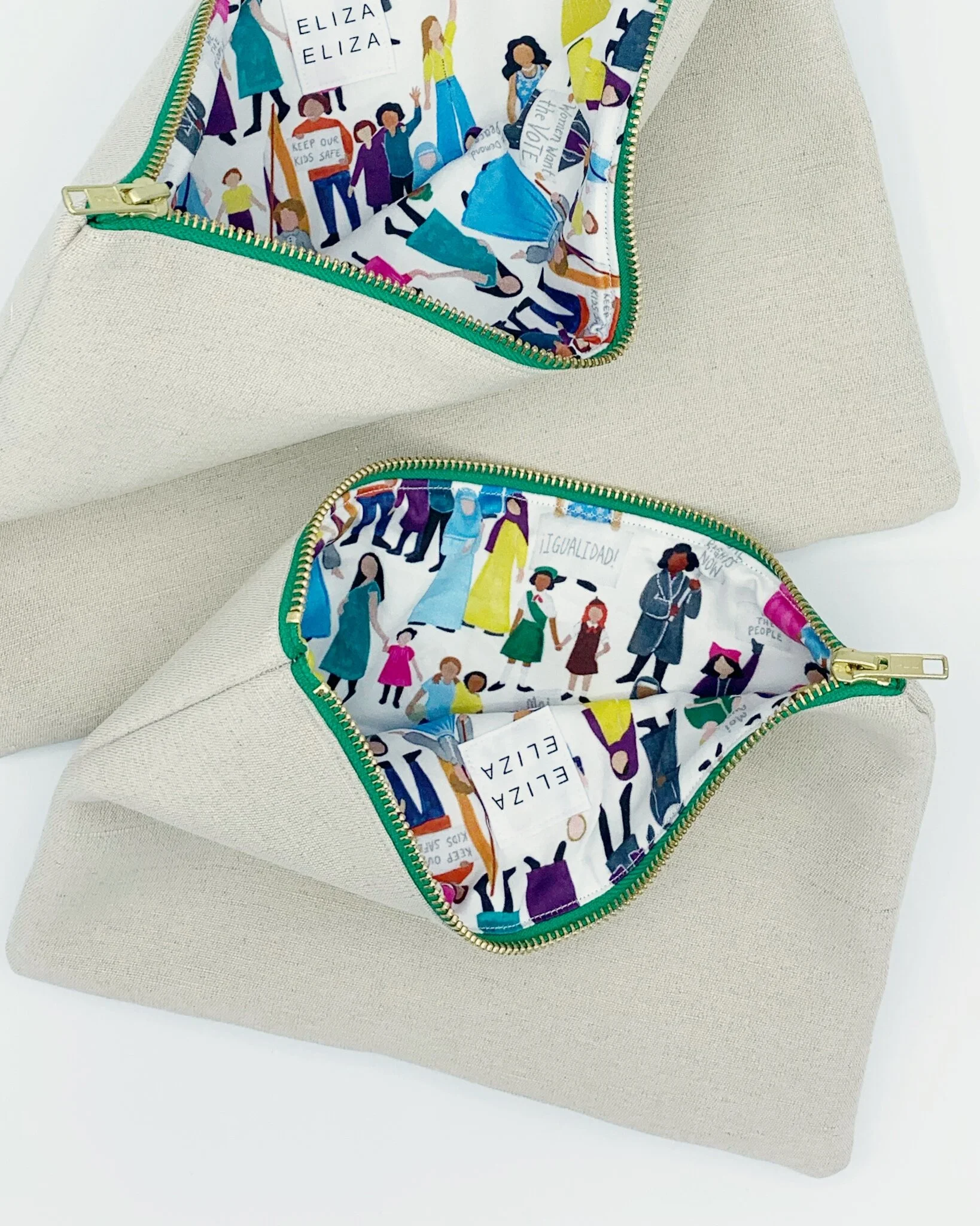 Eliza Eliza Equality Collection Clutch Bags open to see lining inside Green YKK brass zip