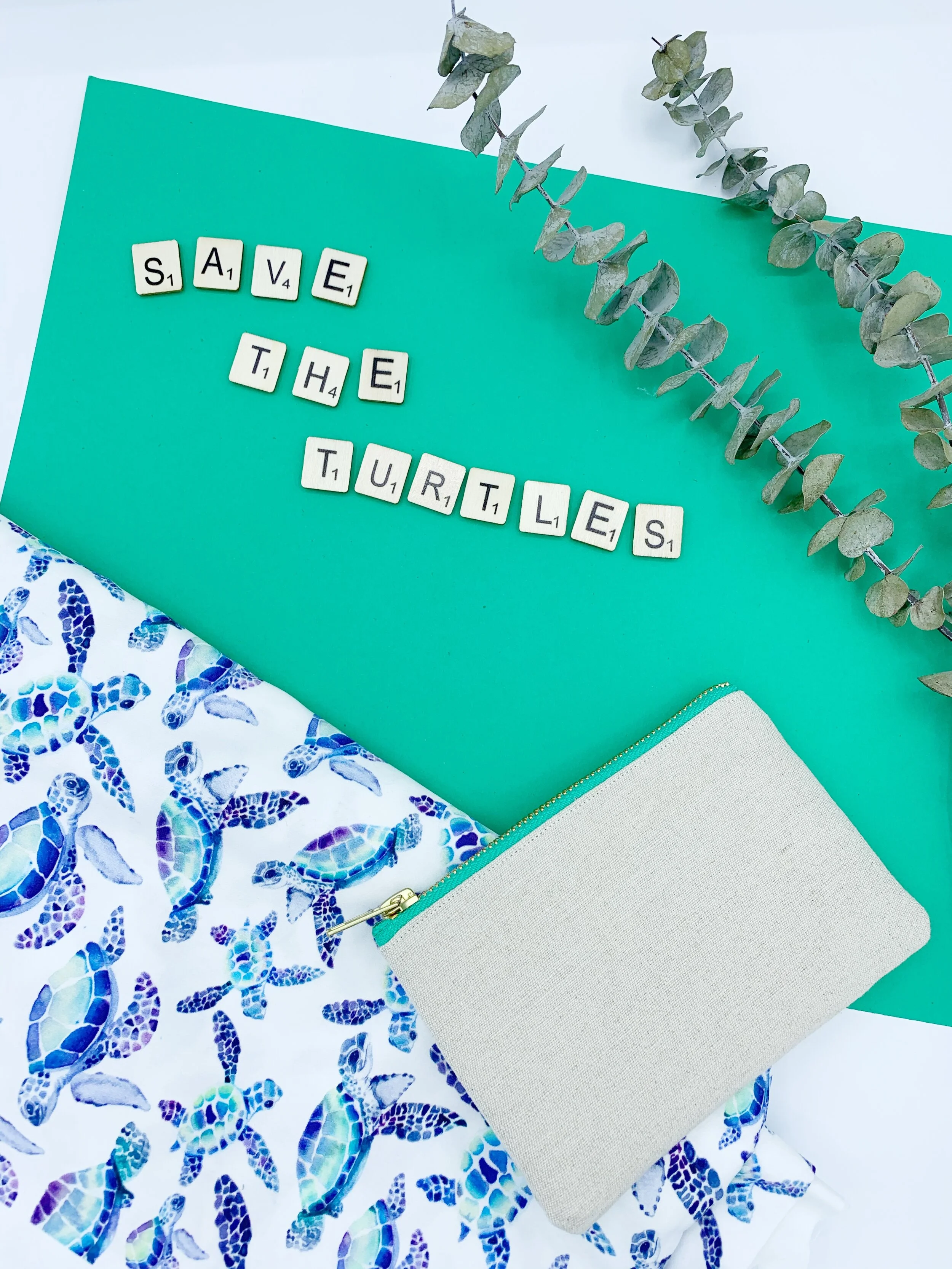 Save the turtles hemp purse flat lay eucalyptus organic cotton turtle fabric