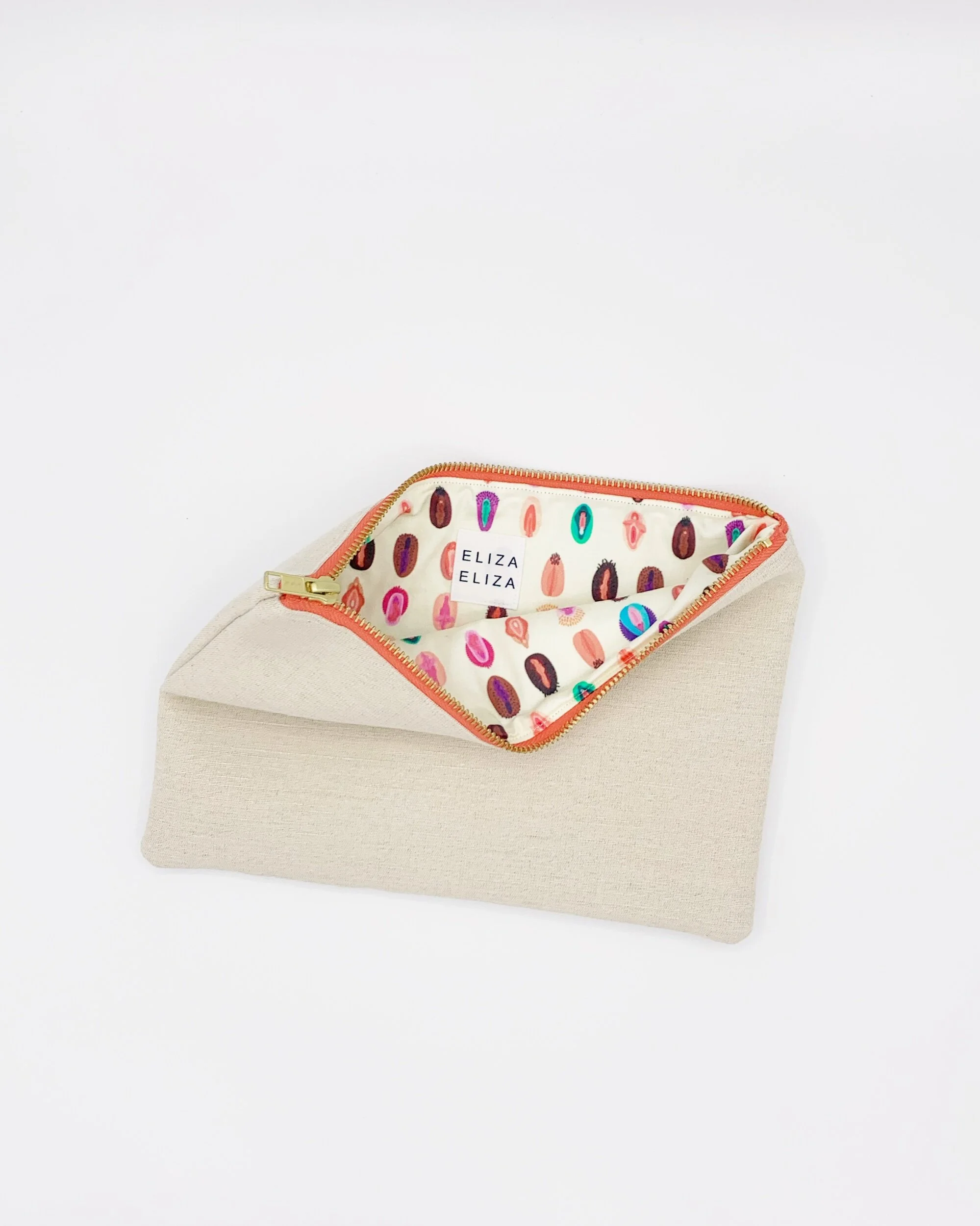 Eliza Eliza V Collection cream organic hemp cotton clutch bag with coral zip showing vulva lining