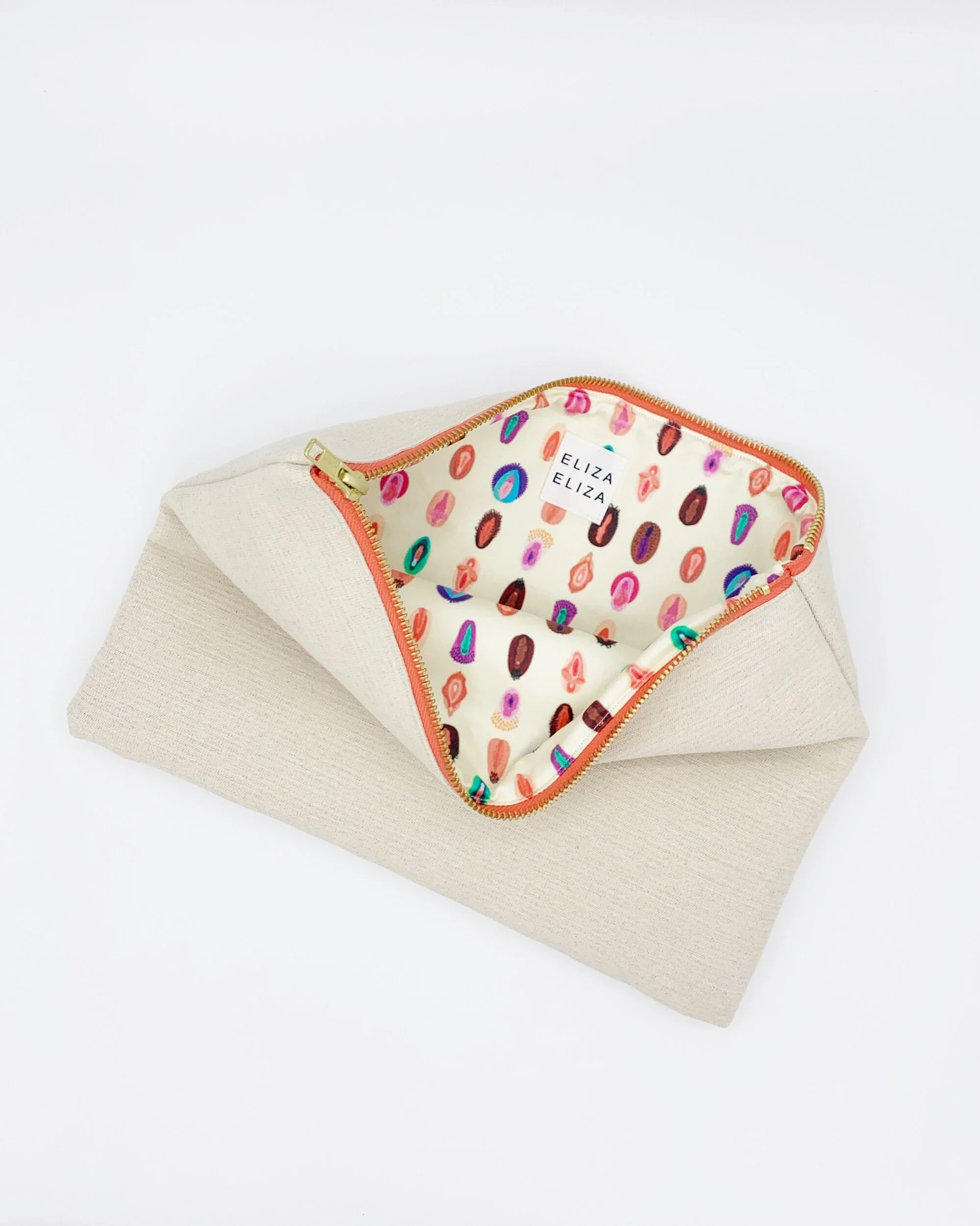 V Collection Cream Organic hemp cotton Large Clutch Bag open showing lining Carry Your Cause