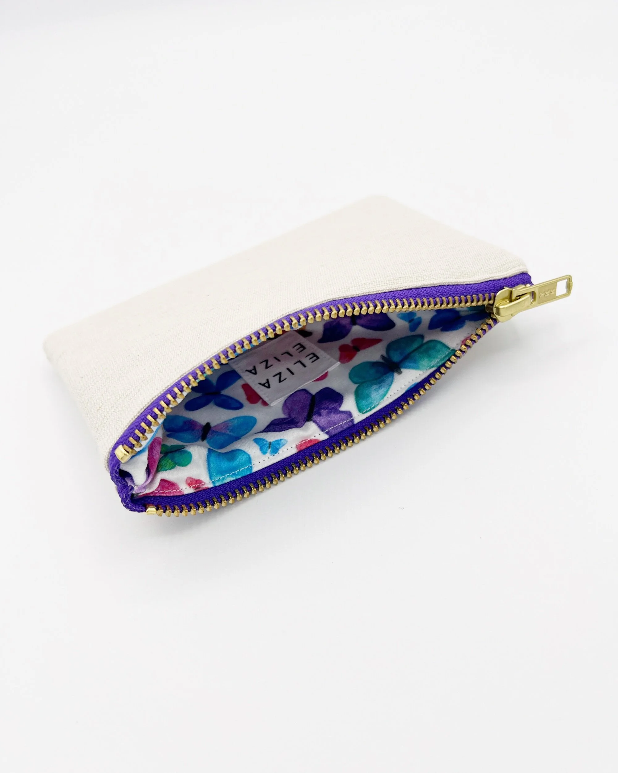 Open Freedom Collection purse purple YKK zip butterfly organic cotton lining
