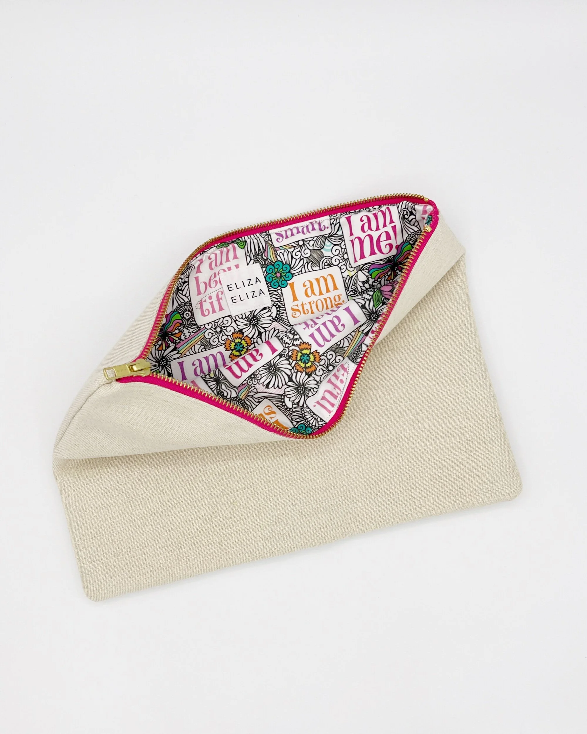 I am M Eliza Eliza Large Clutch Bag organic cotton hemp open to see lining