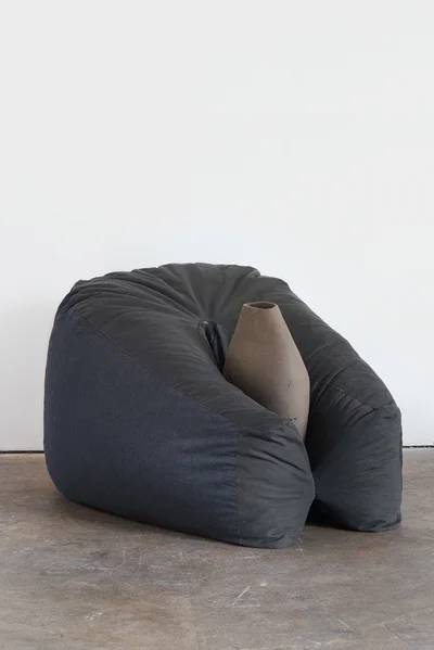 Kristen Jensen, Weighty Ornament ll, stoneware, denim, leather, and metal, 2017
