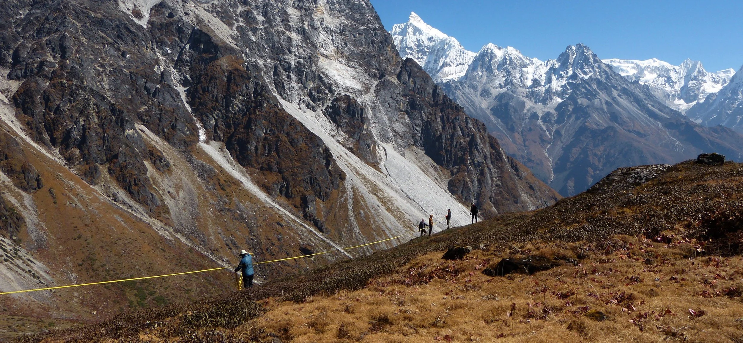 Elsa, Yeggye, Pravin, James and Pasang take one of the 56 measurements that survey each summit, defining the elevation-aspect sections so that we can make comparable plant lists after seven years.