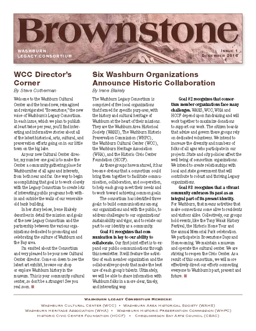 Brownstone Newsletter, Issue 1, December 2016 — Washburn Cultural
