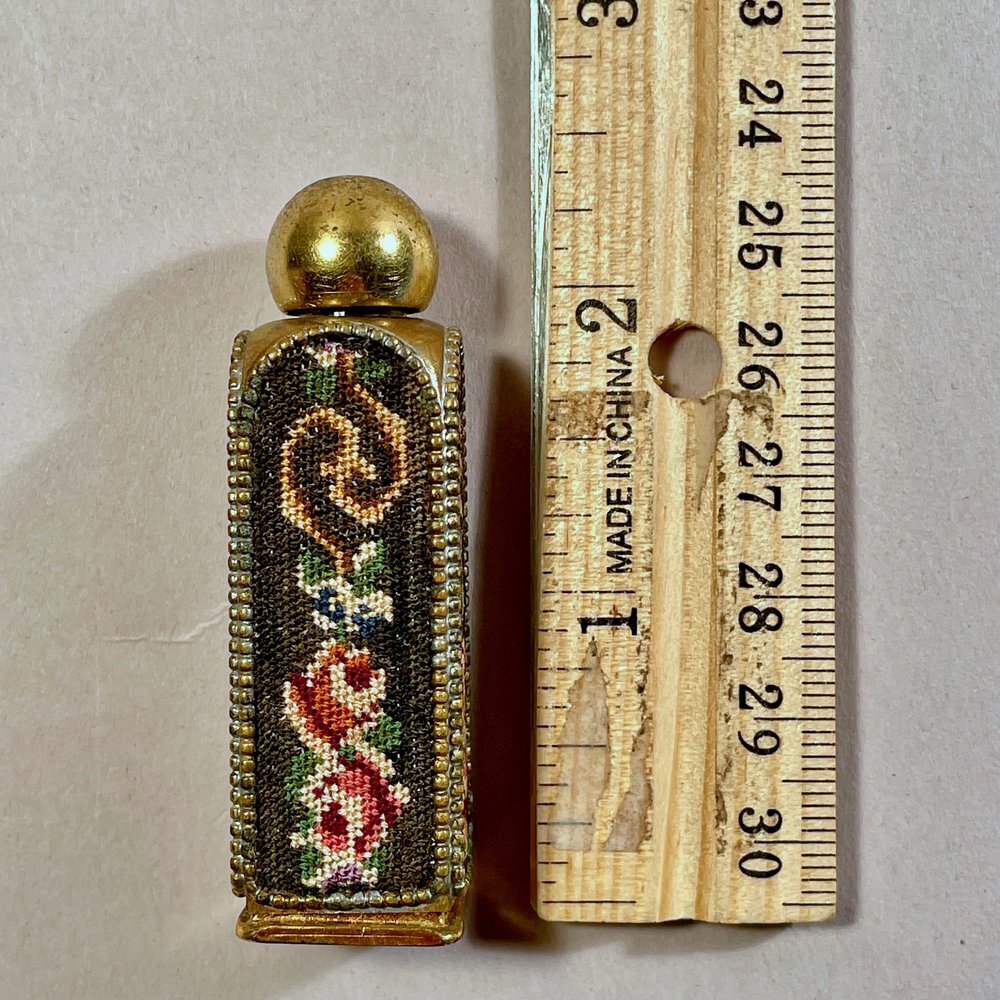 Antique Perfume Bottle Miniature with Petit Point Needlepoint and Dauber —  Washburn Cultural Center, Wisconsin, Art Galleries, Antiques Gifts Shop, Vinyl Records, Karlyn Holman, Rabbett Strickland