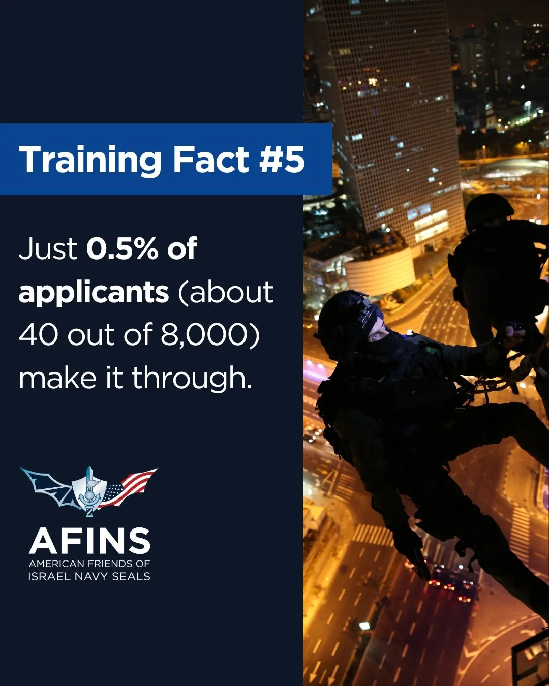 Each year, there are 8,000 candidates for Israel's Navy SEALs (Shayetet 13). 40 or fewer make it through the IDF's most grueling combat selection and training process. American Friends of Israel Navy SEALs (AFINS) is committed to these remarkable ind