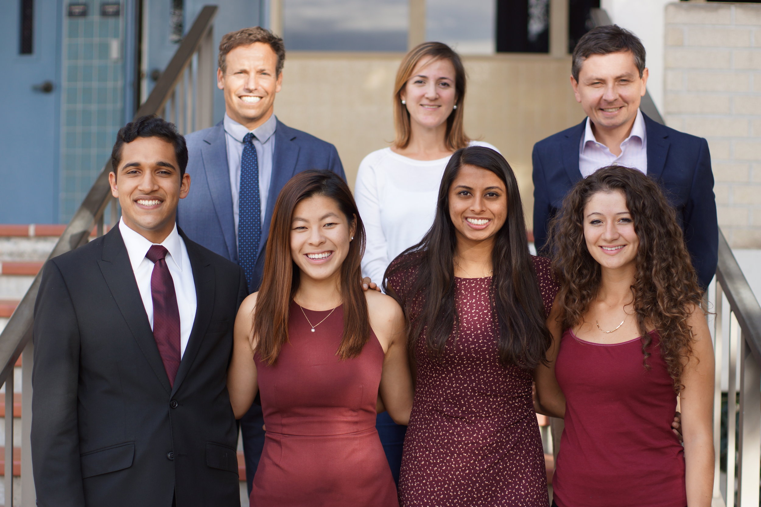   HULT PRIZE AWARD-WINNING TEAM:  From left to right, Winning Team (front) : Umar Farooq ’17, Vanessa Liu ’17, Khadija Hassanali ’17, and Sarah Sanbar ’17 ; From left to right, Judges (back row): Scott Sherman, Carolina Sheinfold, and Mietek Boduszynski 