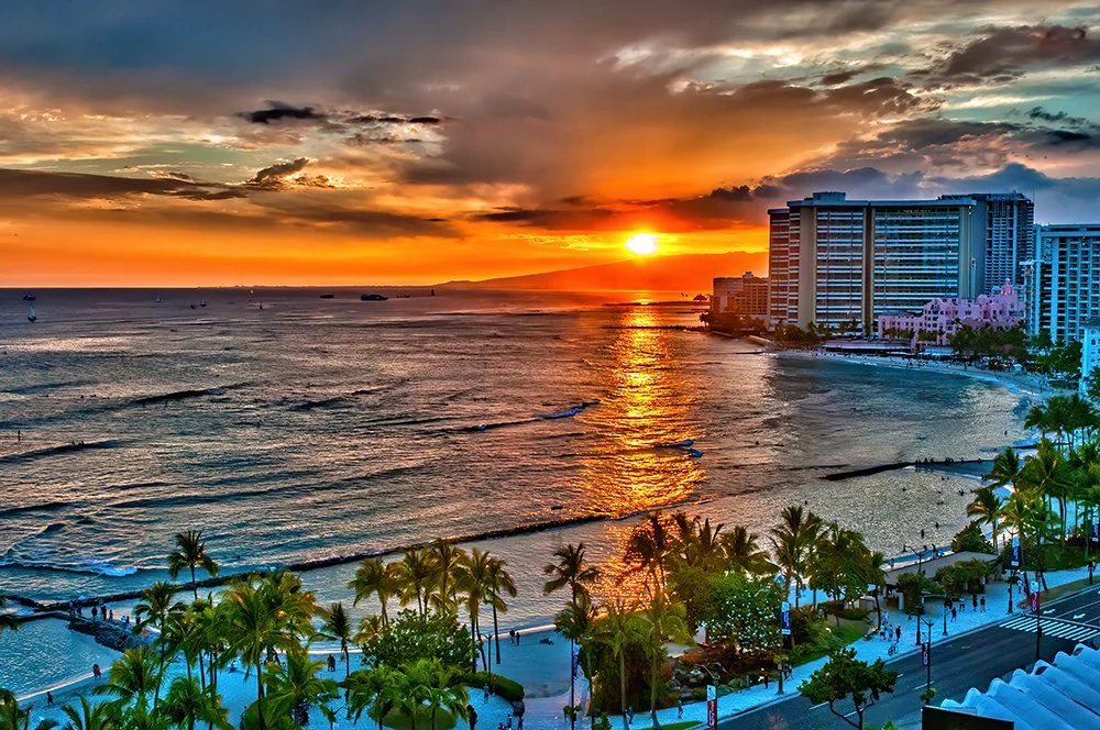 waikiki sunset with palms and ocean bay .jpeg