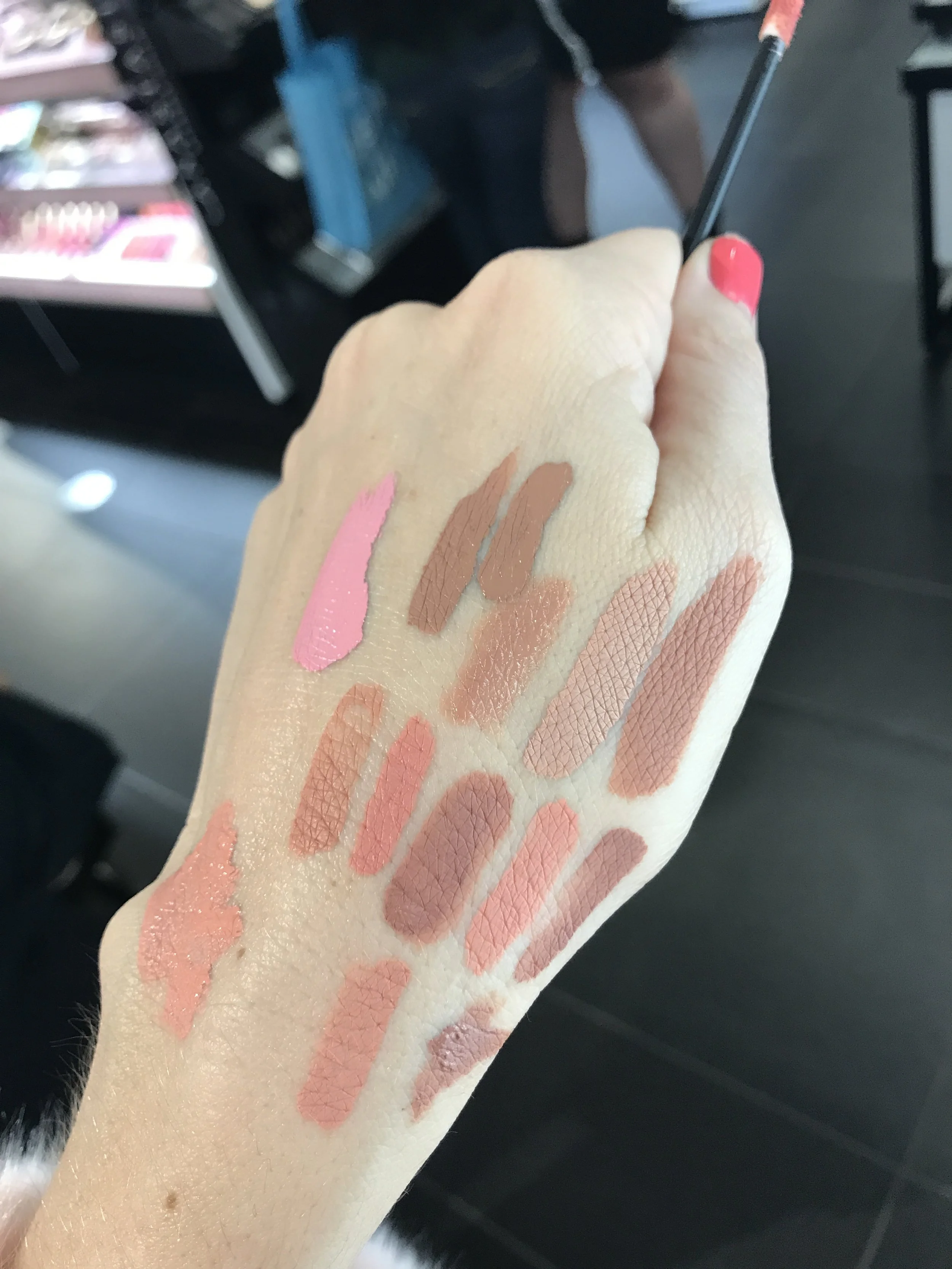 This was QUITE the challenge. Check out the swatches I was running around Sephora collecting. 